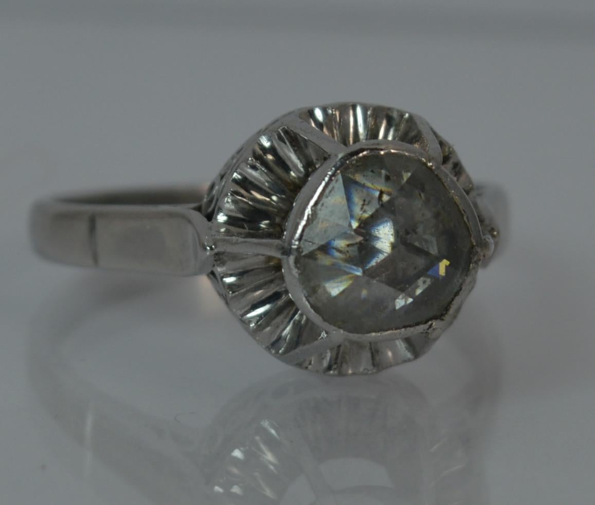 Huge Rose Cut Diamond 18 Carat White Gold Solitaire Ring 10