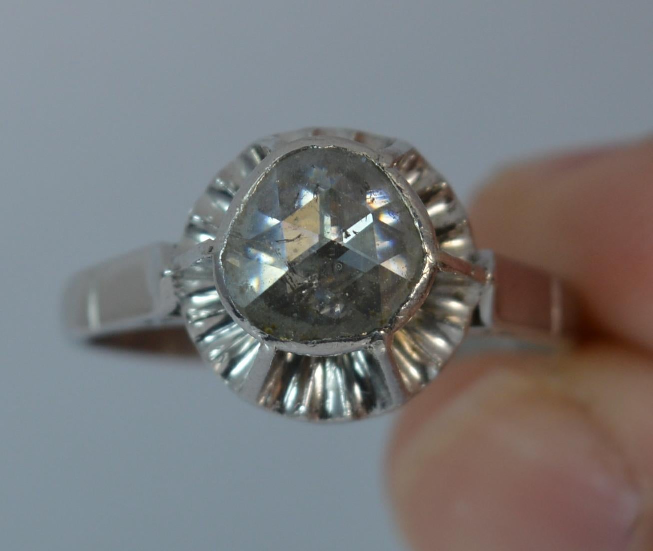 Women's Huge Rose Cut Diamond 18 Carat White Gold Solitaire Ring