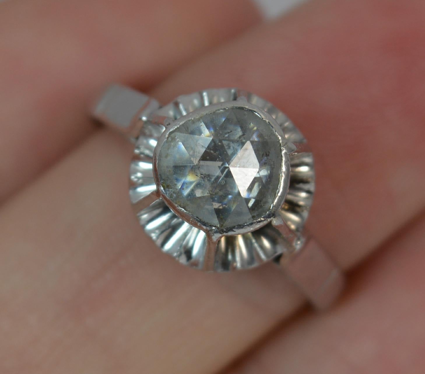 Huge Rose Cut Diamond 18 Carat White Gold Solitaire Ring 1