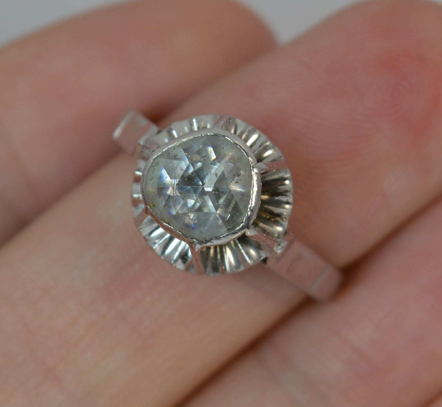 Huge Rose Cut Diamond 18 Carat White Gold Solitaire Ring 2