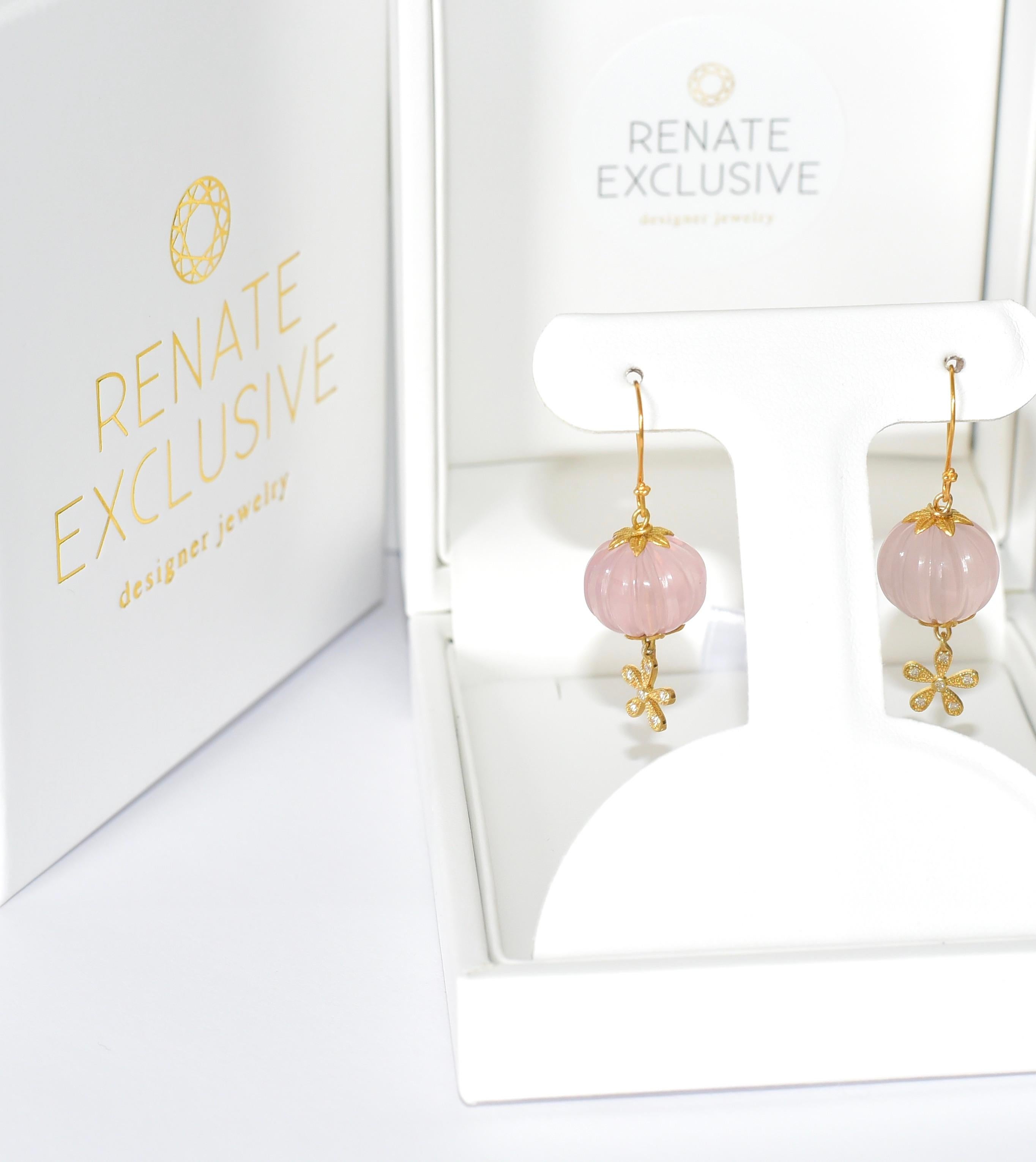 Artisan Huge Rose Quartz Earrings in 18K Solid Yellow Gold, Diamonds 