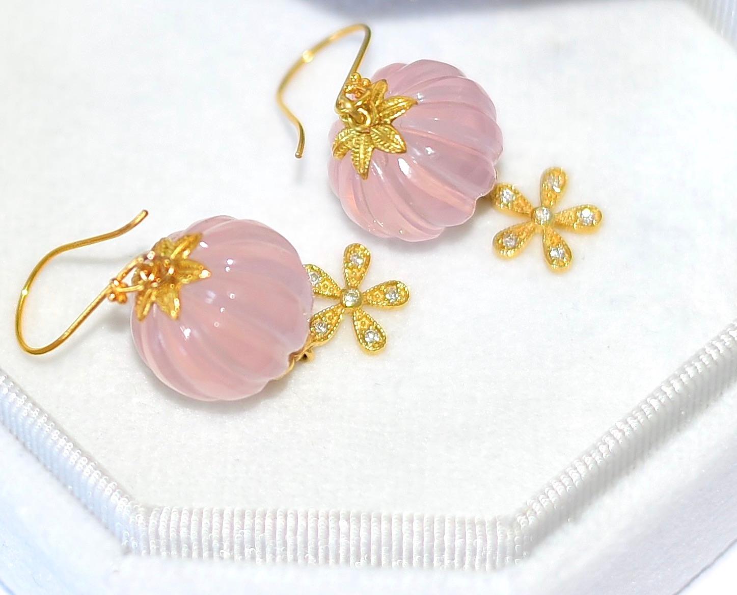 Huge Rose Quartz Earrings in 18K Solid Yellow Gold, Diamonds  In New Condition In Astoria, NY
