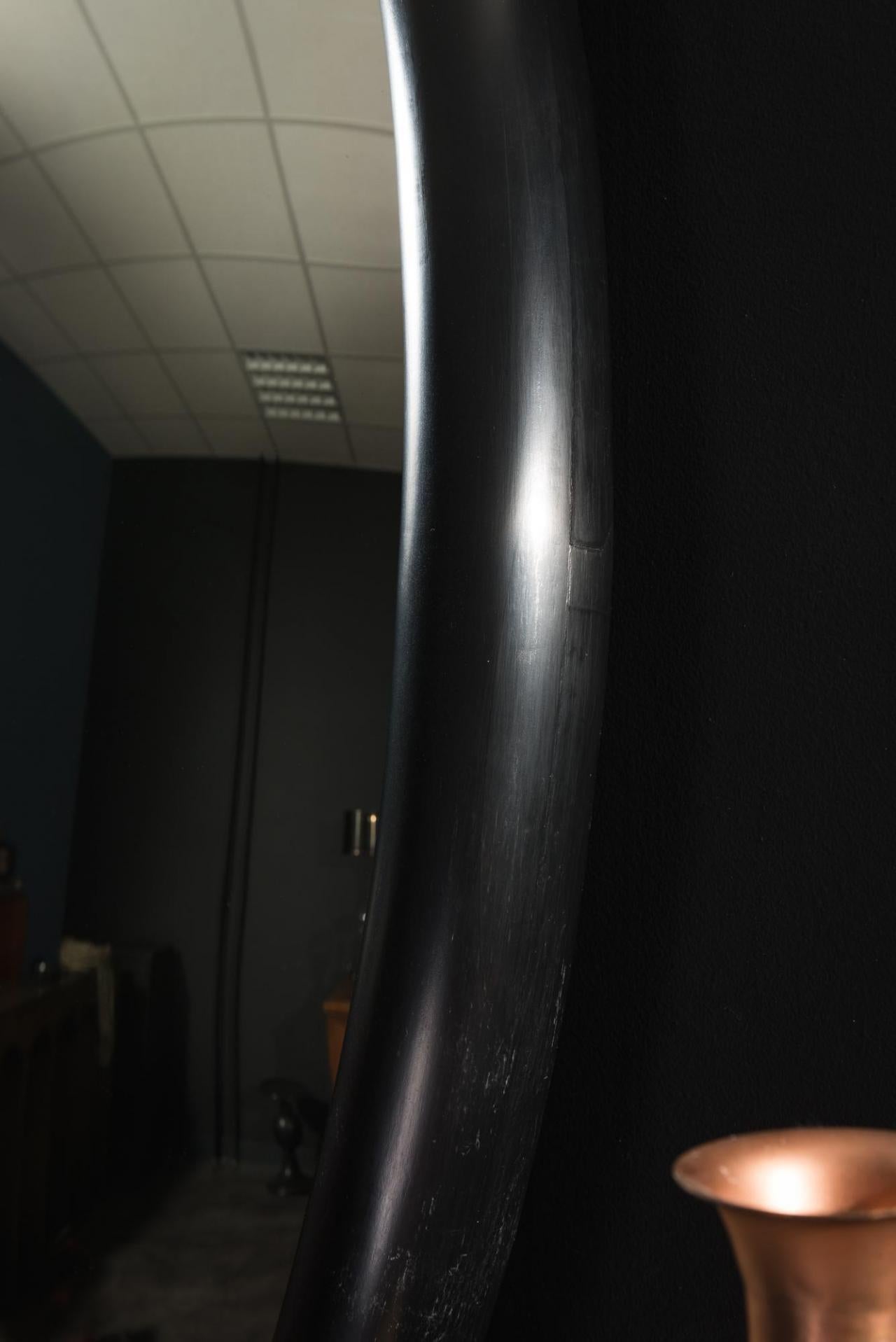 Riesiger runder konvexer Wandspiegel mit schwarzer Holzumrandung im Stil der Jahrhundertmitte. Aufgrund seiner Abmessungen spiegelt er den ganzen Raum wider, auf dem Sie ihn aufstellen werden!