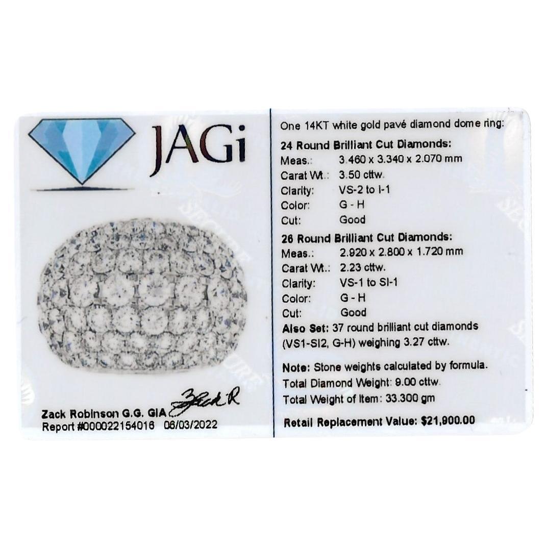 Pave Diamond Dome Ring in 14 Karat White Gold 9 Carats Total Huge Round Cocktail For Sale 6