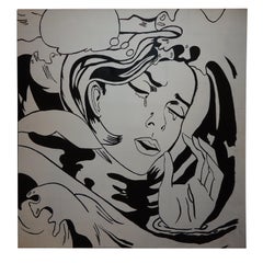 Huge Roy Lichtenstein Style Oil on Canvas of Girl Crying- approx. 3.5' x 3.5'