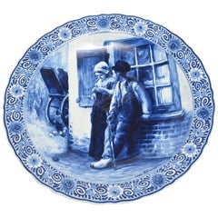Antique Huge Royal Delft De Porceleyne Fles Blue and White Bloomers Charger Plate Plaque