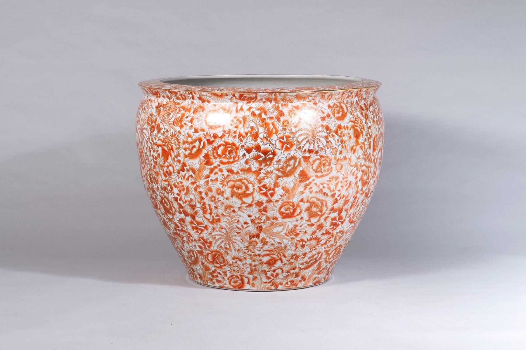 East Asian Huge Scale 32″ Decorative Chinese Porcelain Fish Bowl Jardinière Planter For Sale