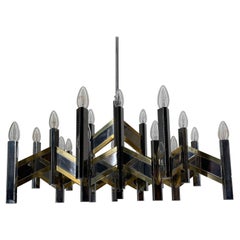 Huge Sciolari Chevron Brass & Chrome Model 'Concorde' Chandelier, Italy, 1970s