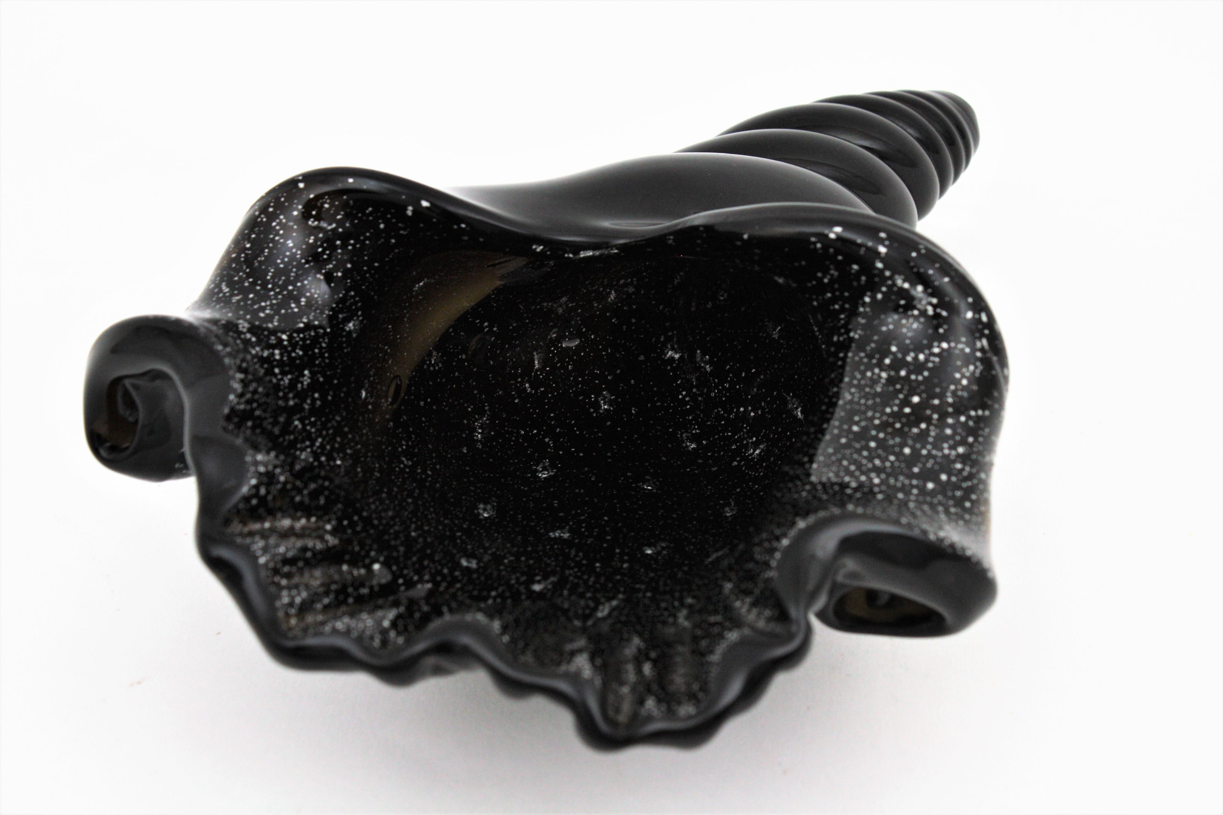 Murano Seguso Black Conch Shell Art Glass Huge Bowl with Silver Flecks 3