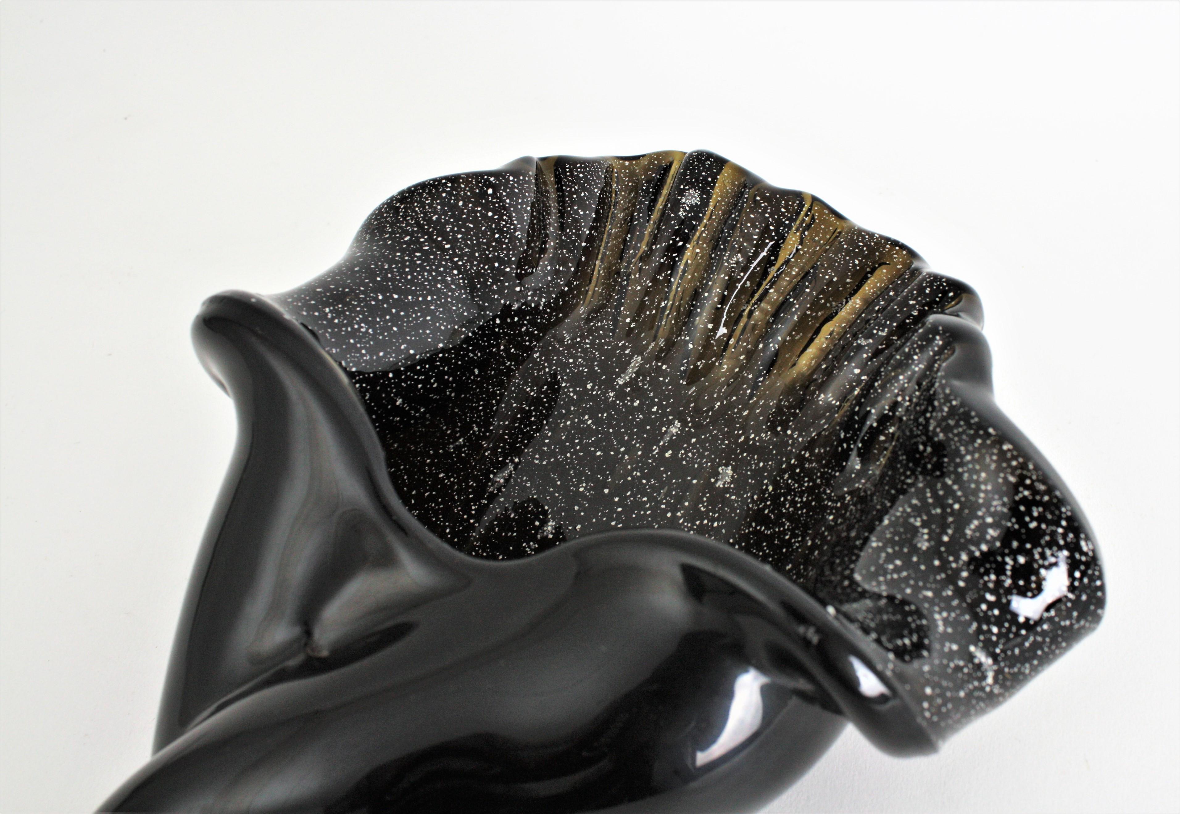 Murano Seguso Black Conch Shell Art Glass Huge Bowl with Silver Flecks 5