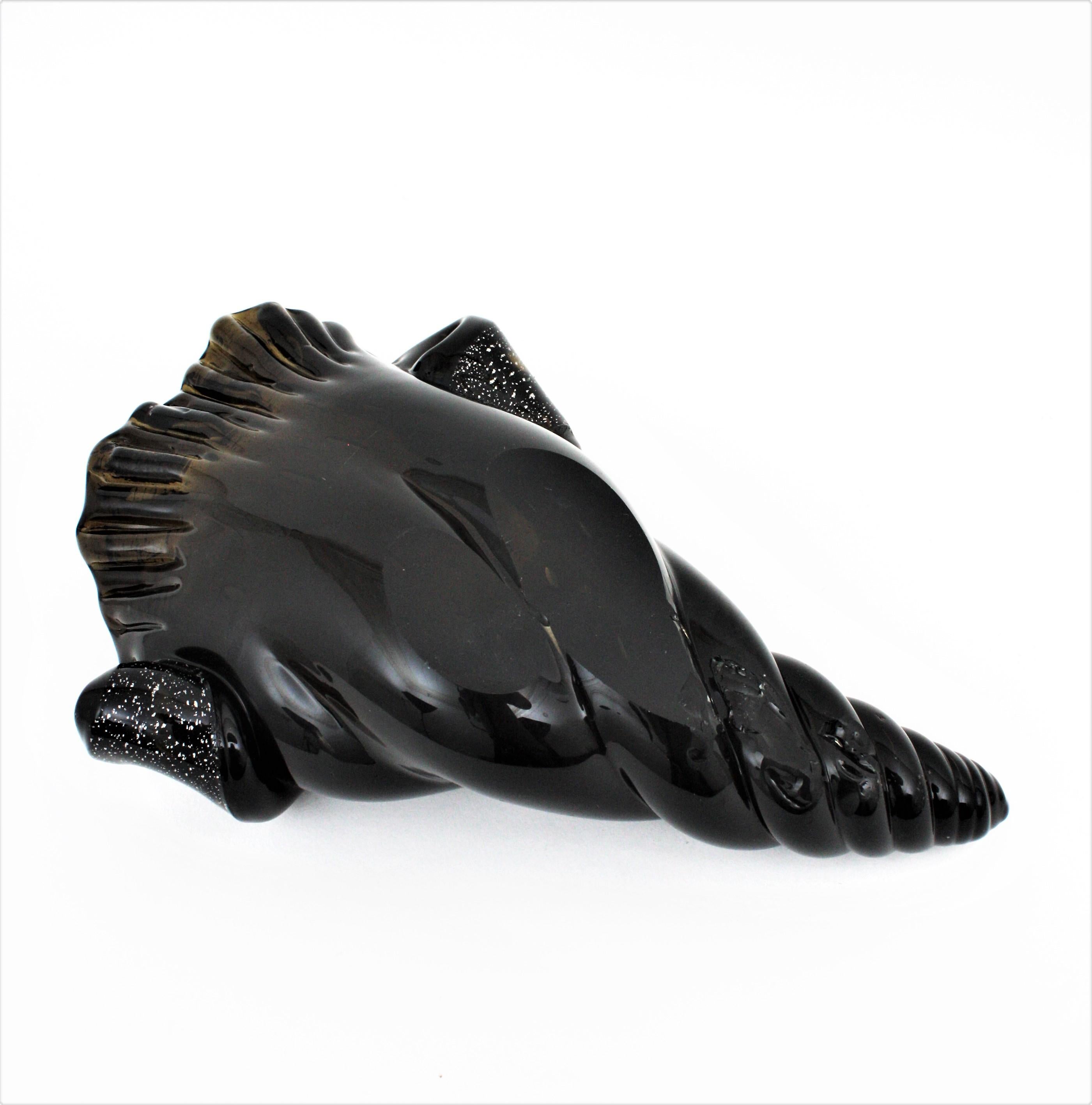 Murano Seguso Black Conch Shell Art Glass Huge Bowl with Silver Flecks 6