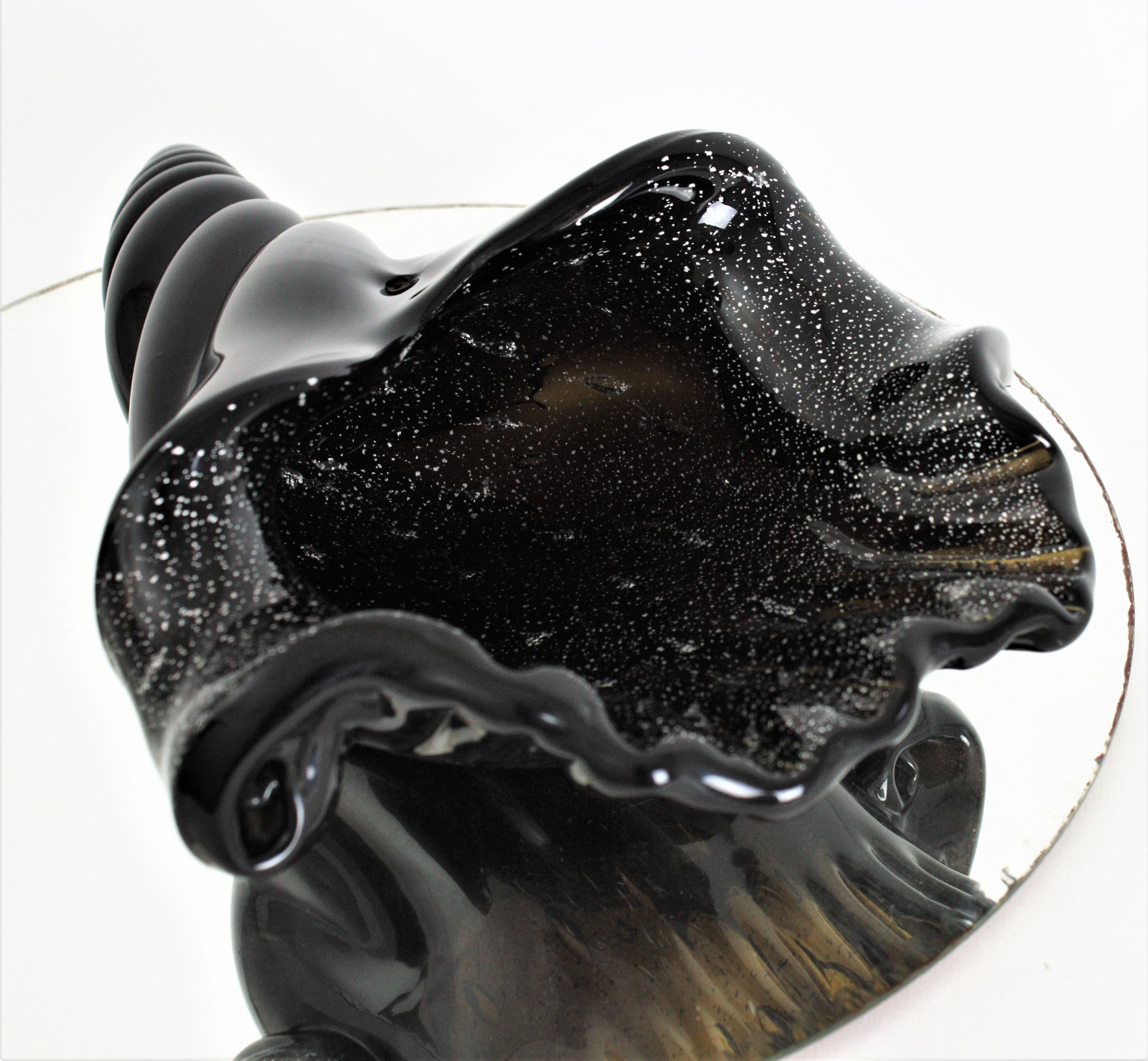 Murano Seguso Black Conch Shell Art Glass Huge Bowl with Silver Flecks 1