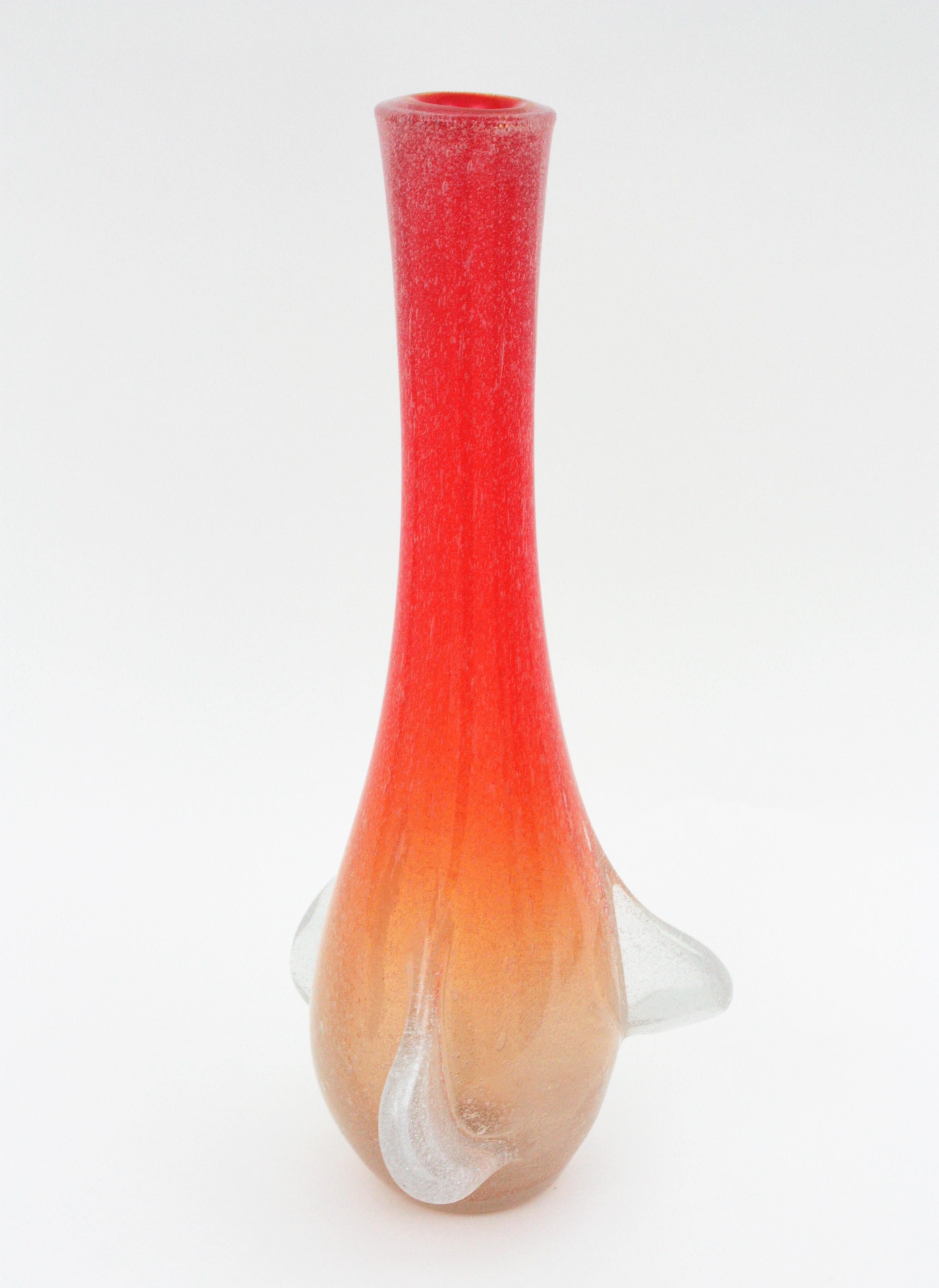 Huge Seguso Murano Orange White Pulegoso Tall Art Glass Vase For Sale 3