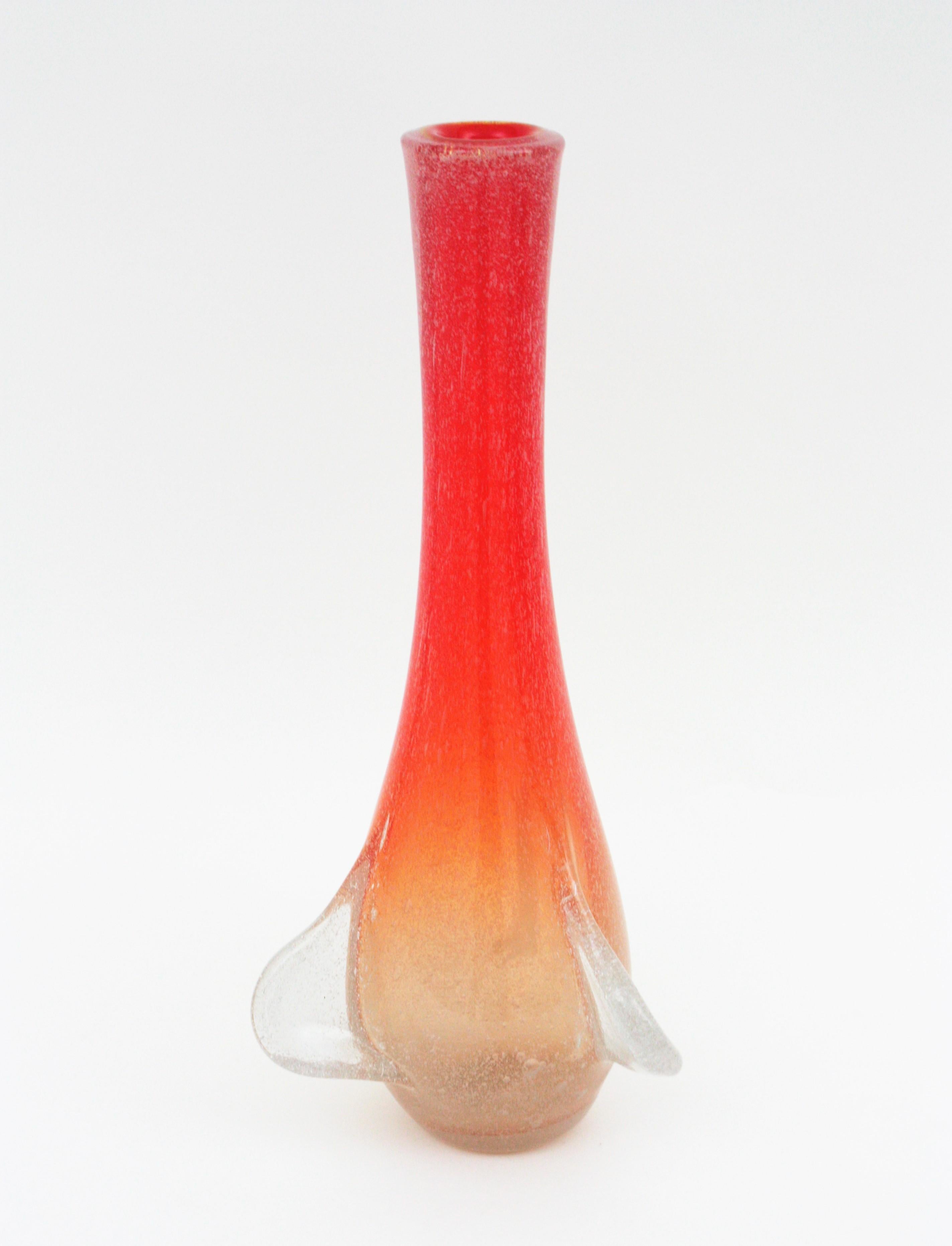 Huge Seguso Murano Orange White Pulegoso Tall Art Glass Vase For Sale 4