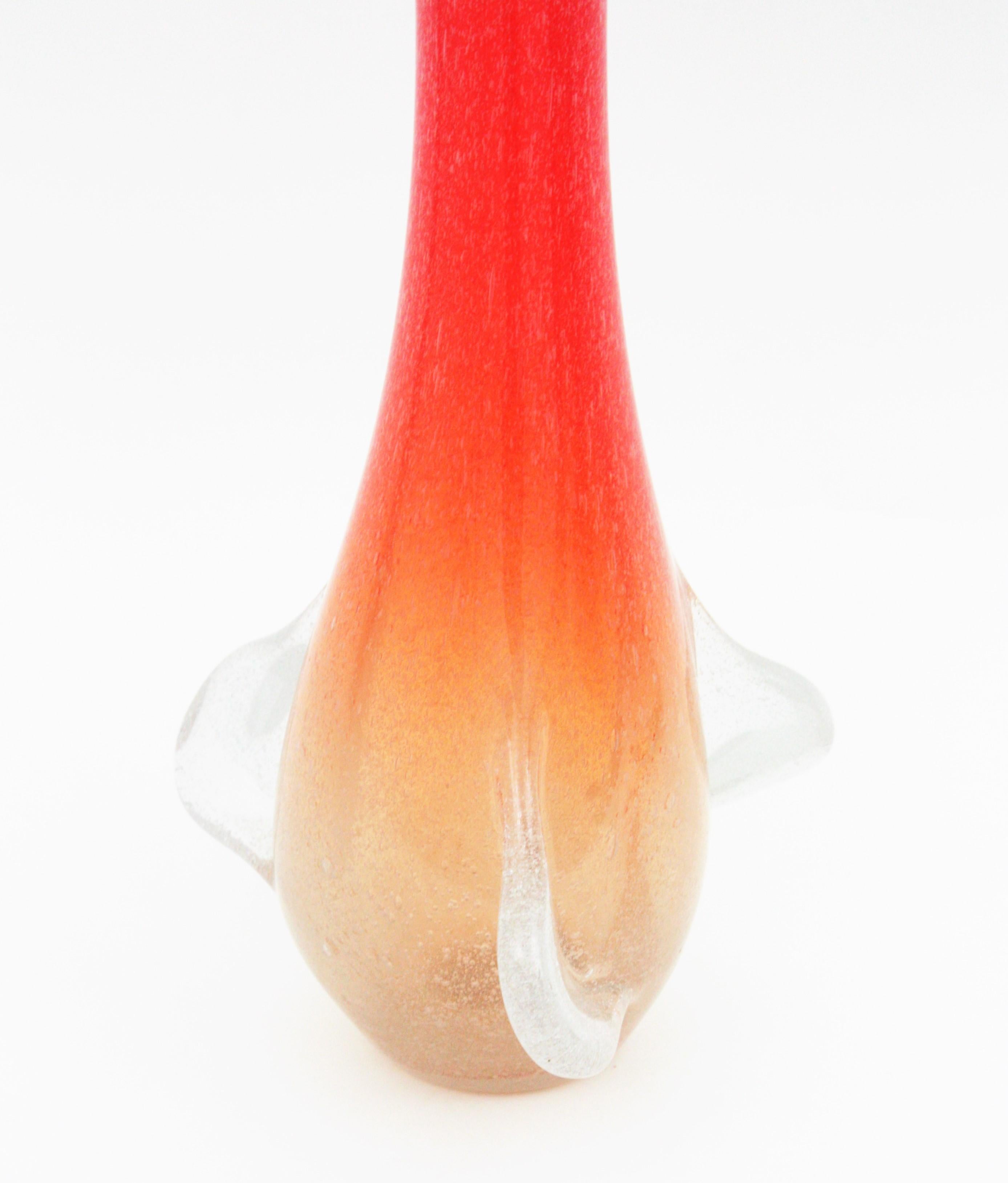 Hand-Crafted Huge Seguso Murano Orange White Pulegoso Tall Art Glass Vase For Sale