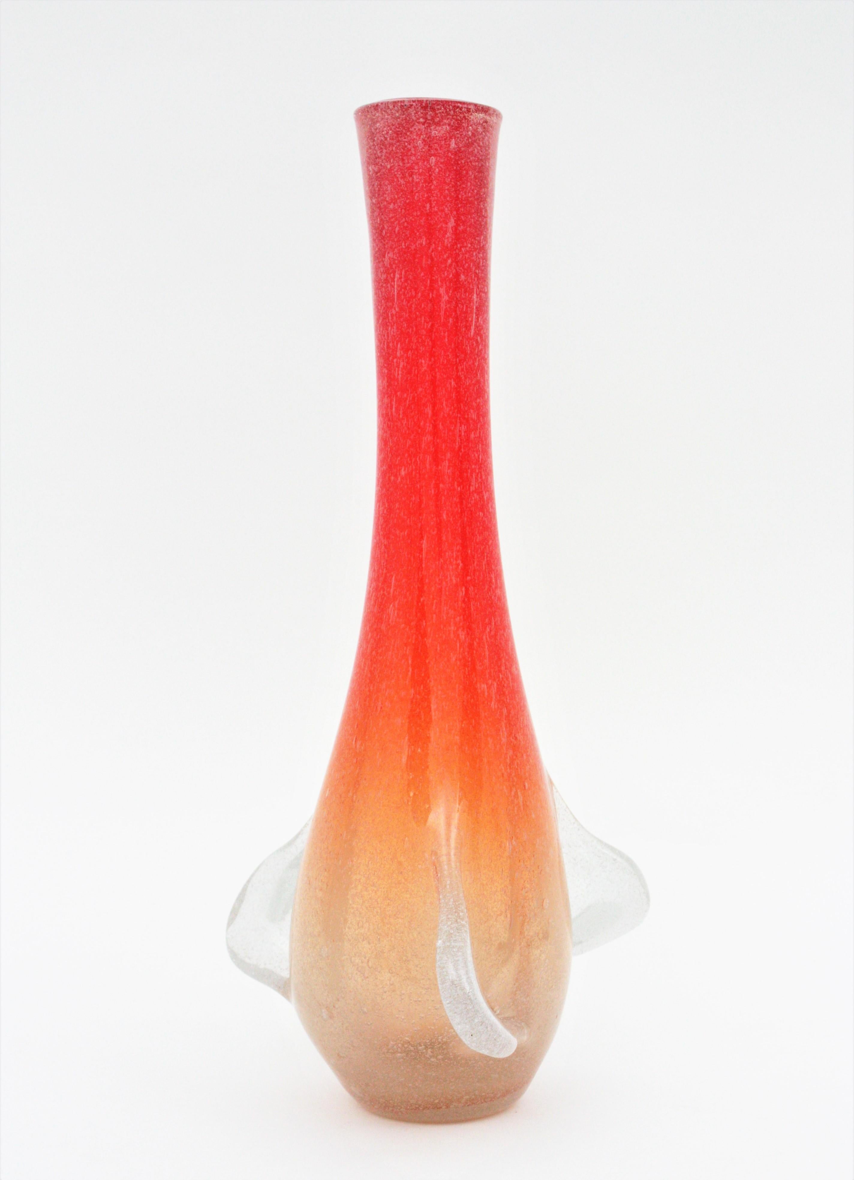Verre Grand vase en verre d'art Seguso de Murano orange et blanc Pulegoso en vente