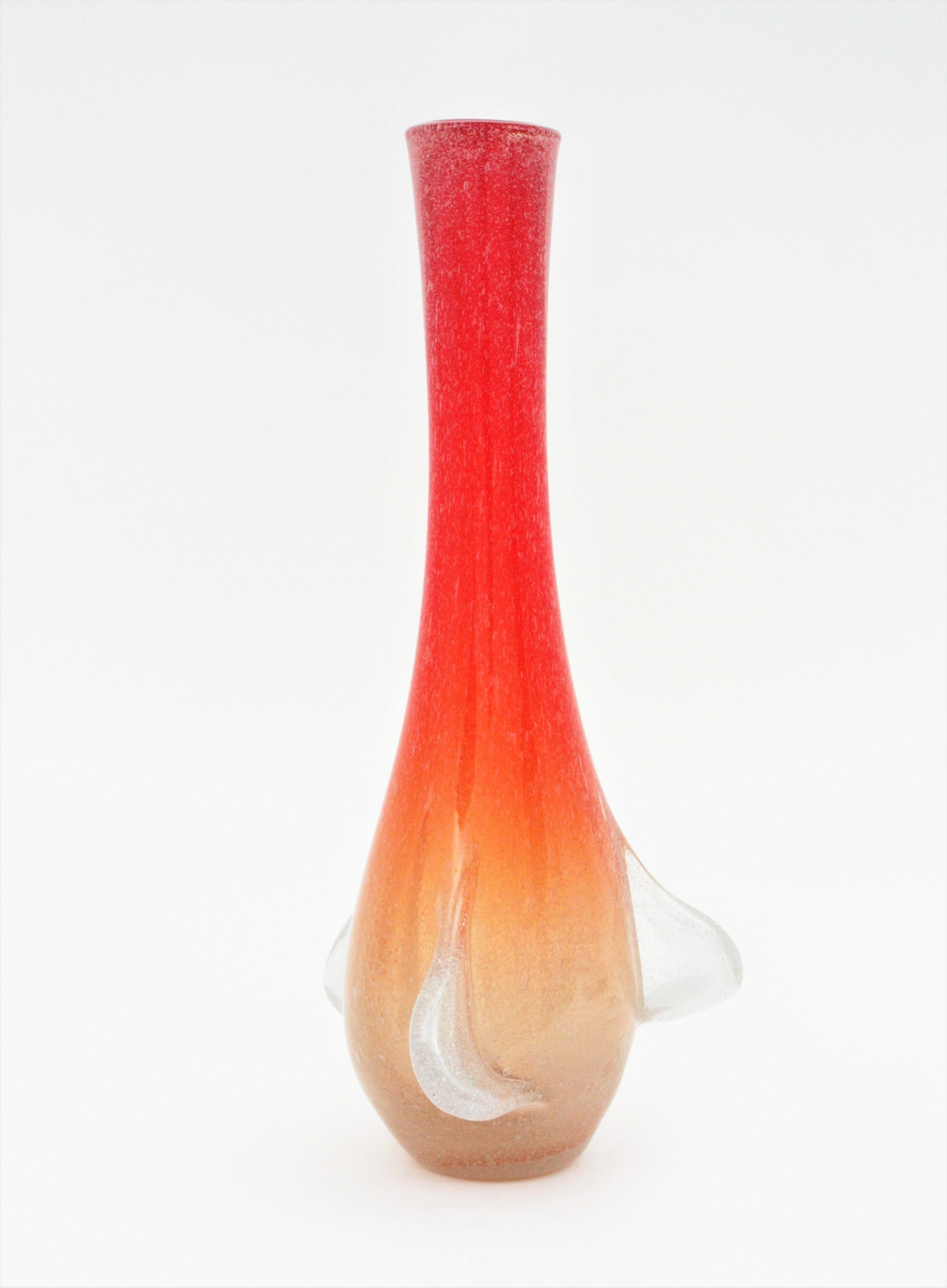 Huge Seguso Murano Orange White Pulegoso Tall Art Glass Vase For Sale 2