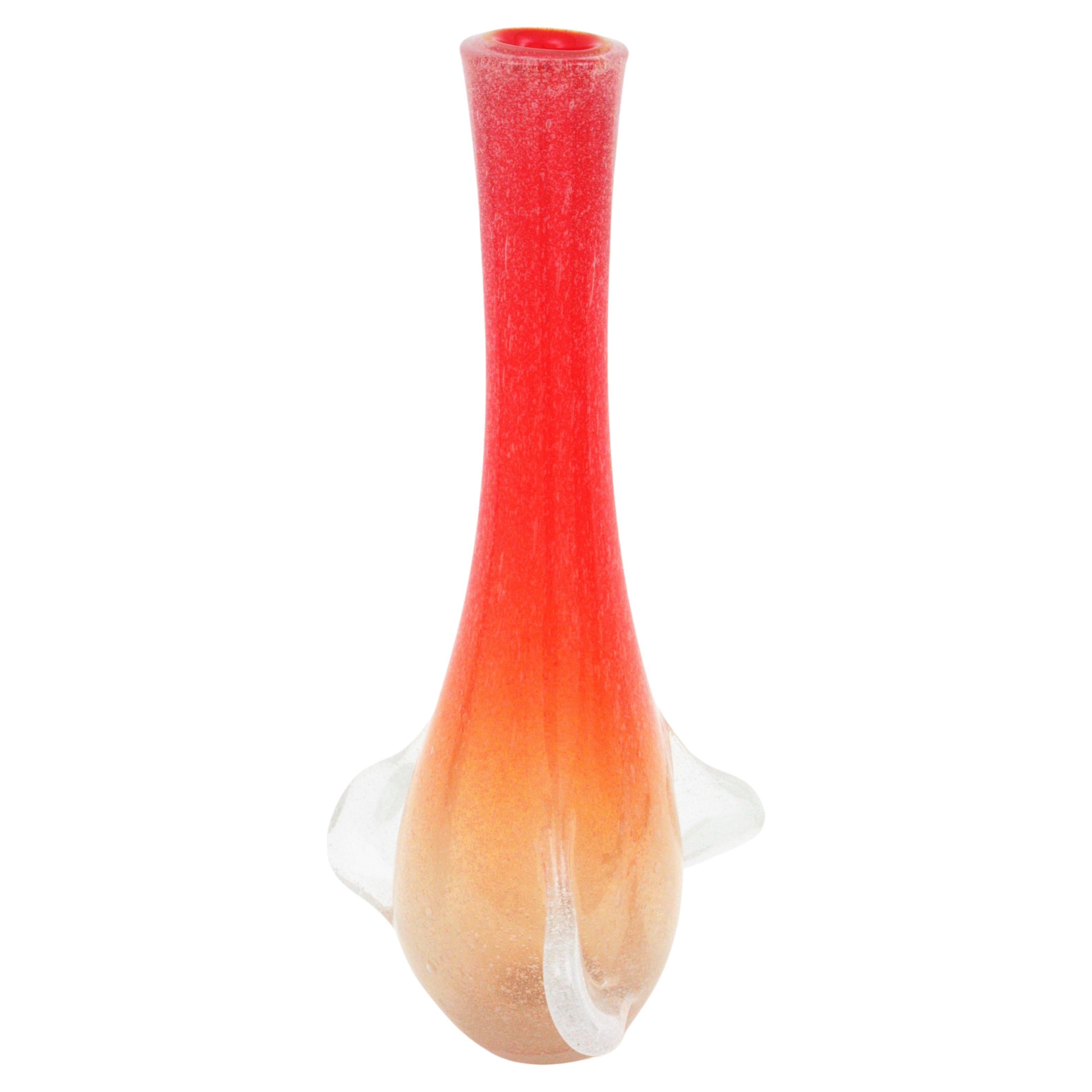 Huge Seguso Murano Orange White Pulegoso Tall Art Glass Vase For Sale