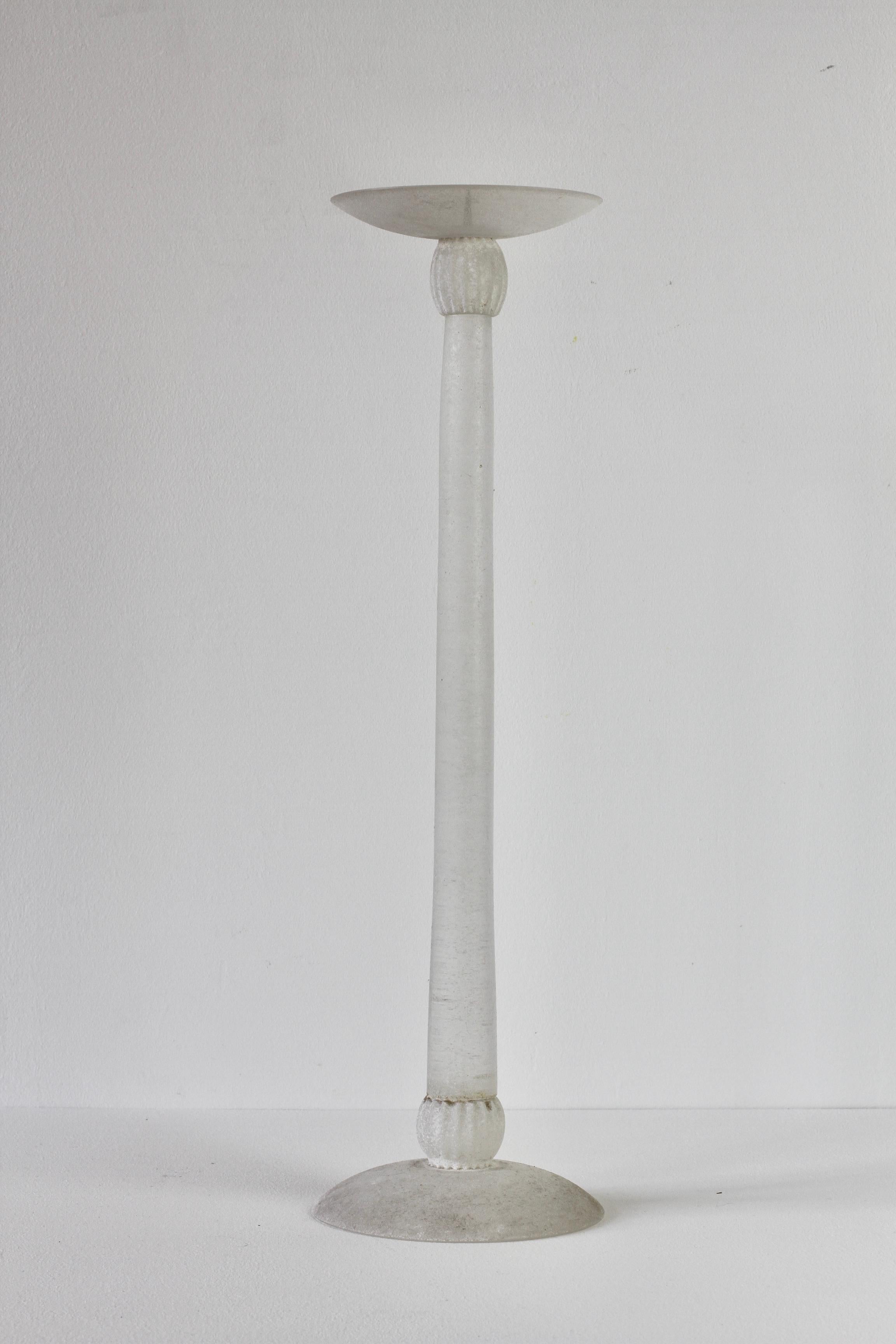 Monumental, large and elegant vintage Italian 21 inch tall 'a Scavo' white colored / coloured glass Candelabra or candlestick holder / stand by Seguso Vetri d'Arte Murano, Italy. Elegant in form and showing extraordinary craftsmanship with the use