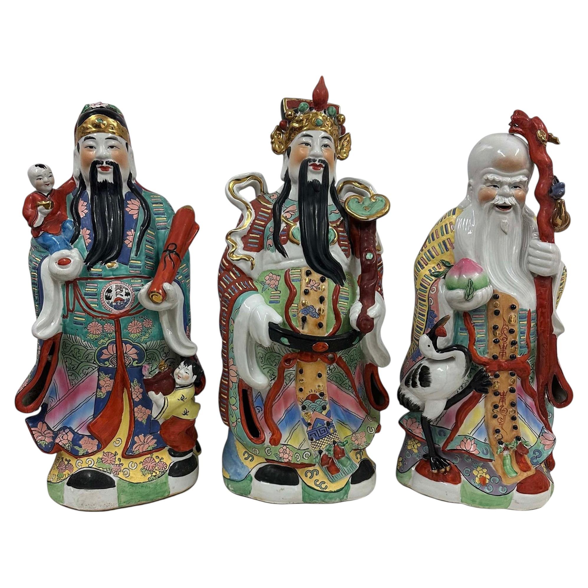 Enorme set di 3 statue vintage cinesi Fu Lu Shou Feng Shui Trio di divinità