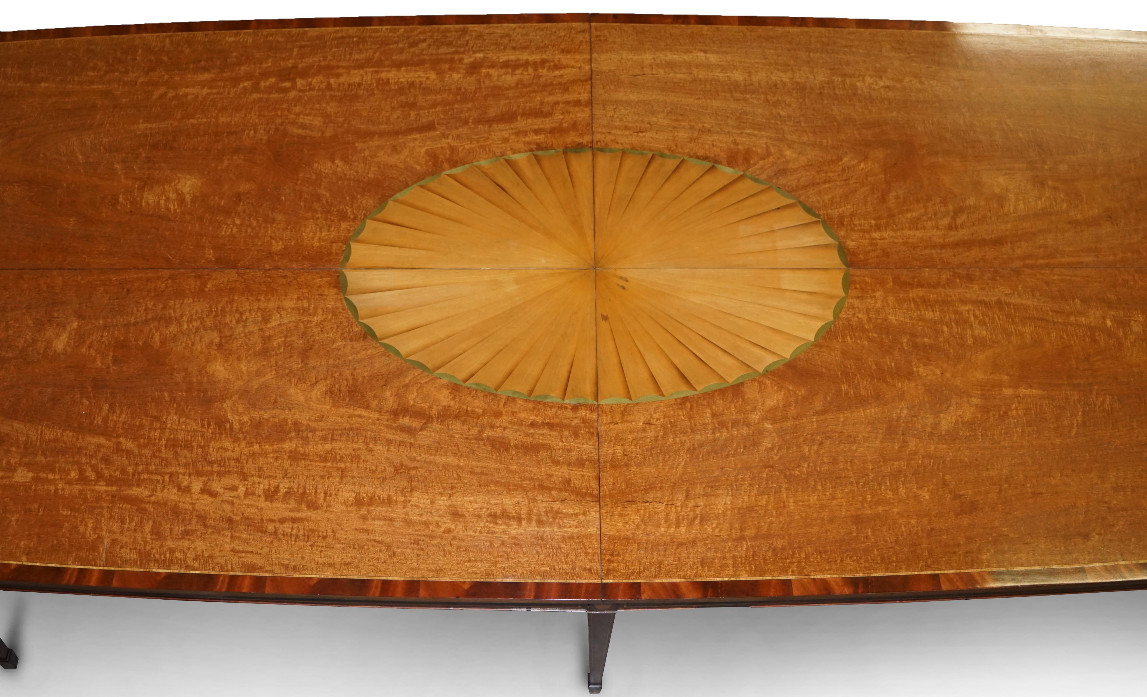 English Huge Sheraton Revival Hardwood & Walnut Dining Table & 16 Hepplewhite Armchairs