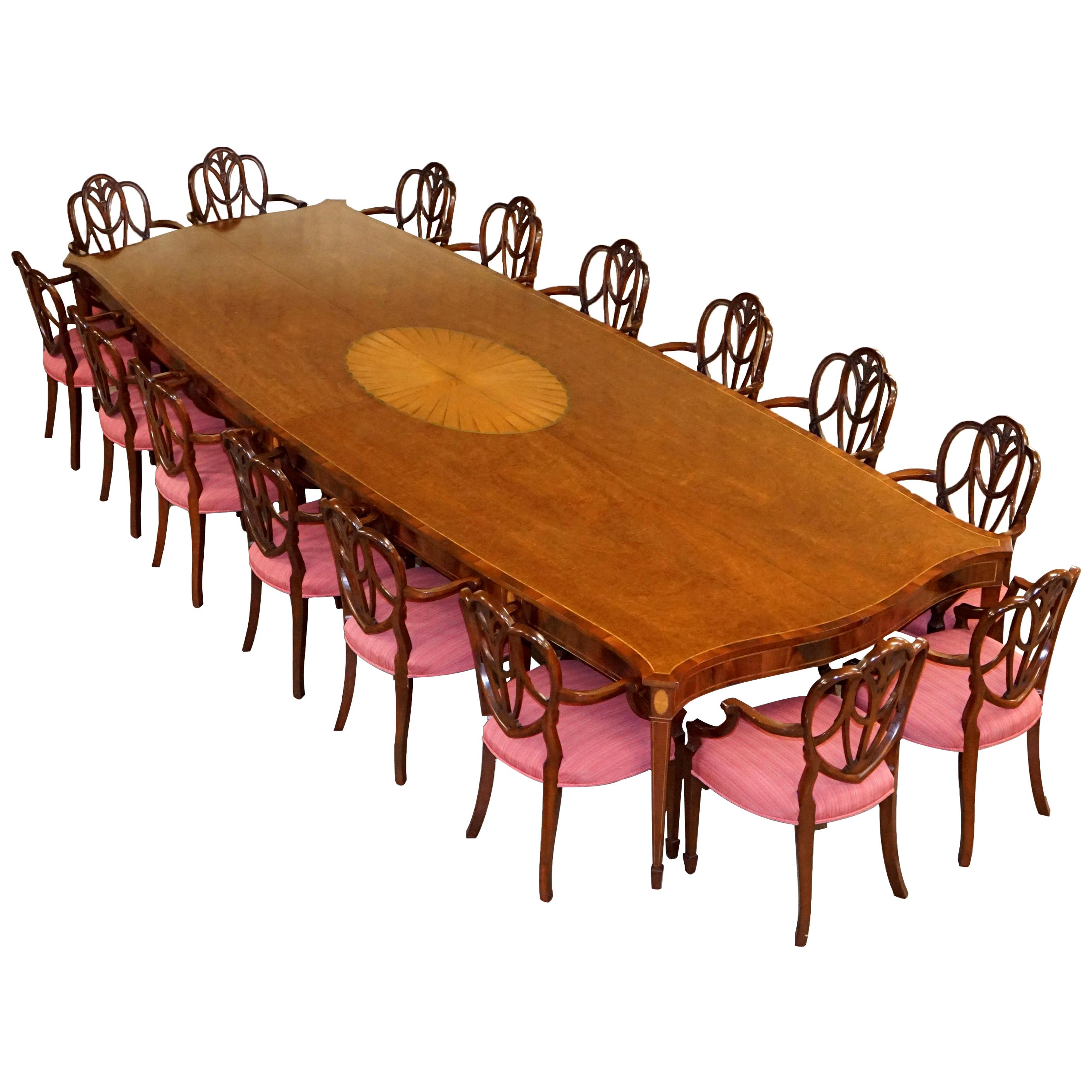 Huge Sheraton Revival Hardwood & Walnut Dining Table & 16 Hepplewhite Armchairs