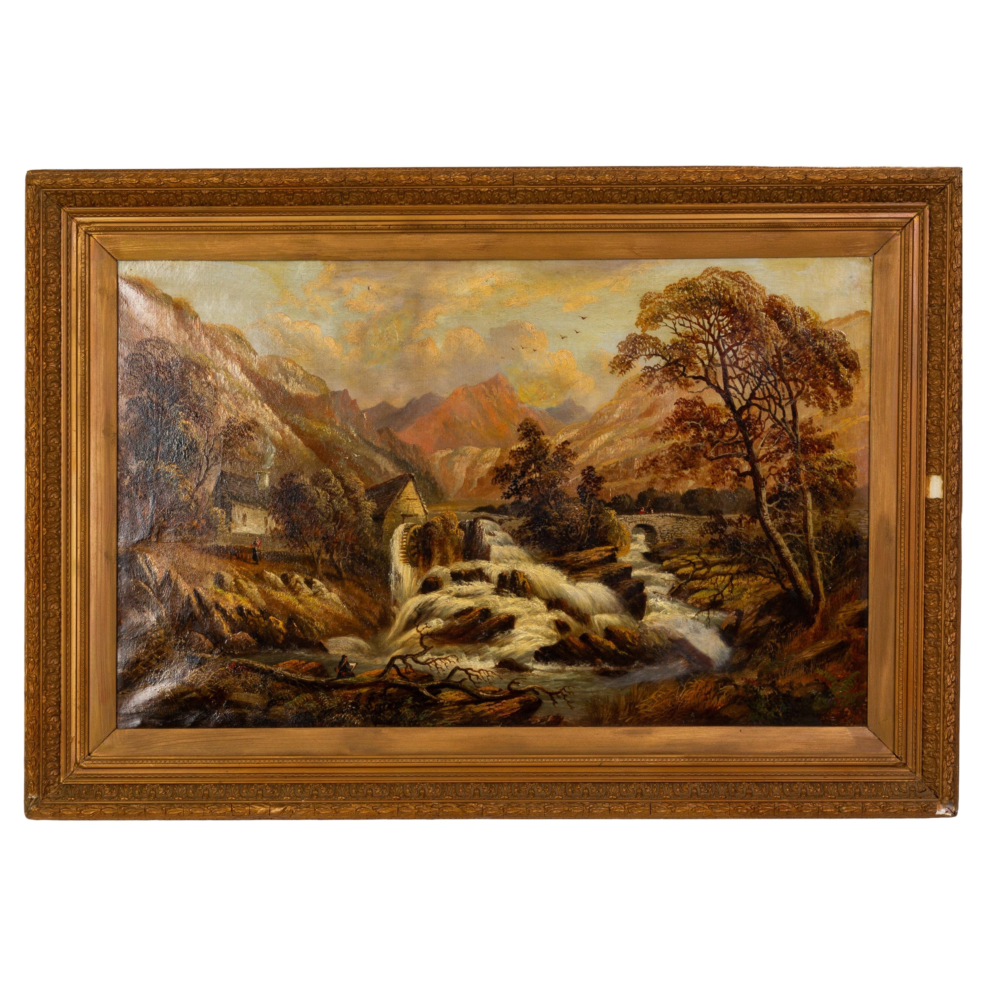 Enorme dipinto ad olio del XIX secolo firmato A. Worthington - Paesaggio del mulino ad acqua