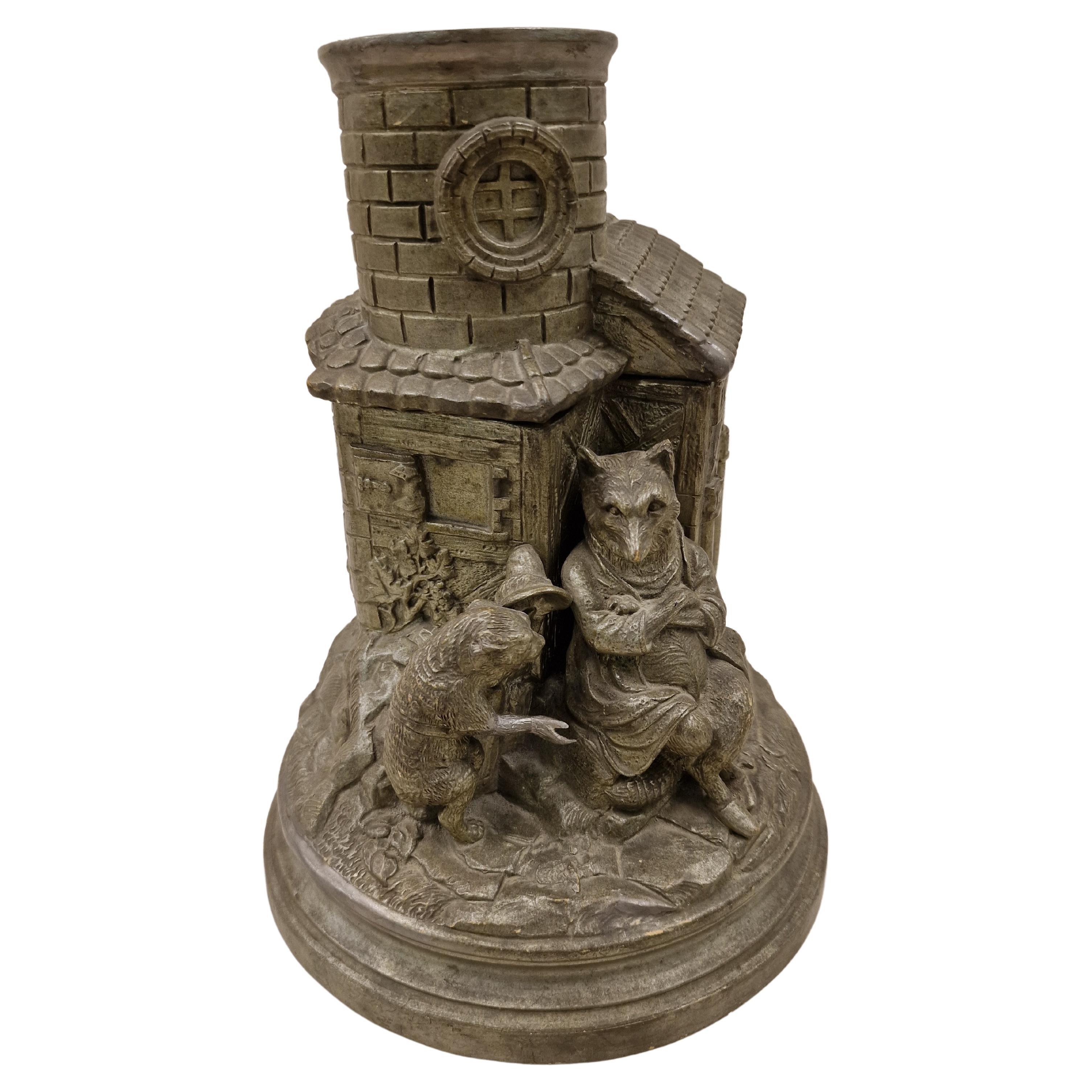 Tabatière, tabac, céramique, figurine, conte de fées de renard, fin du 19ème siècle