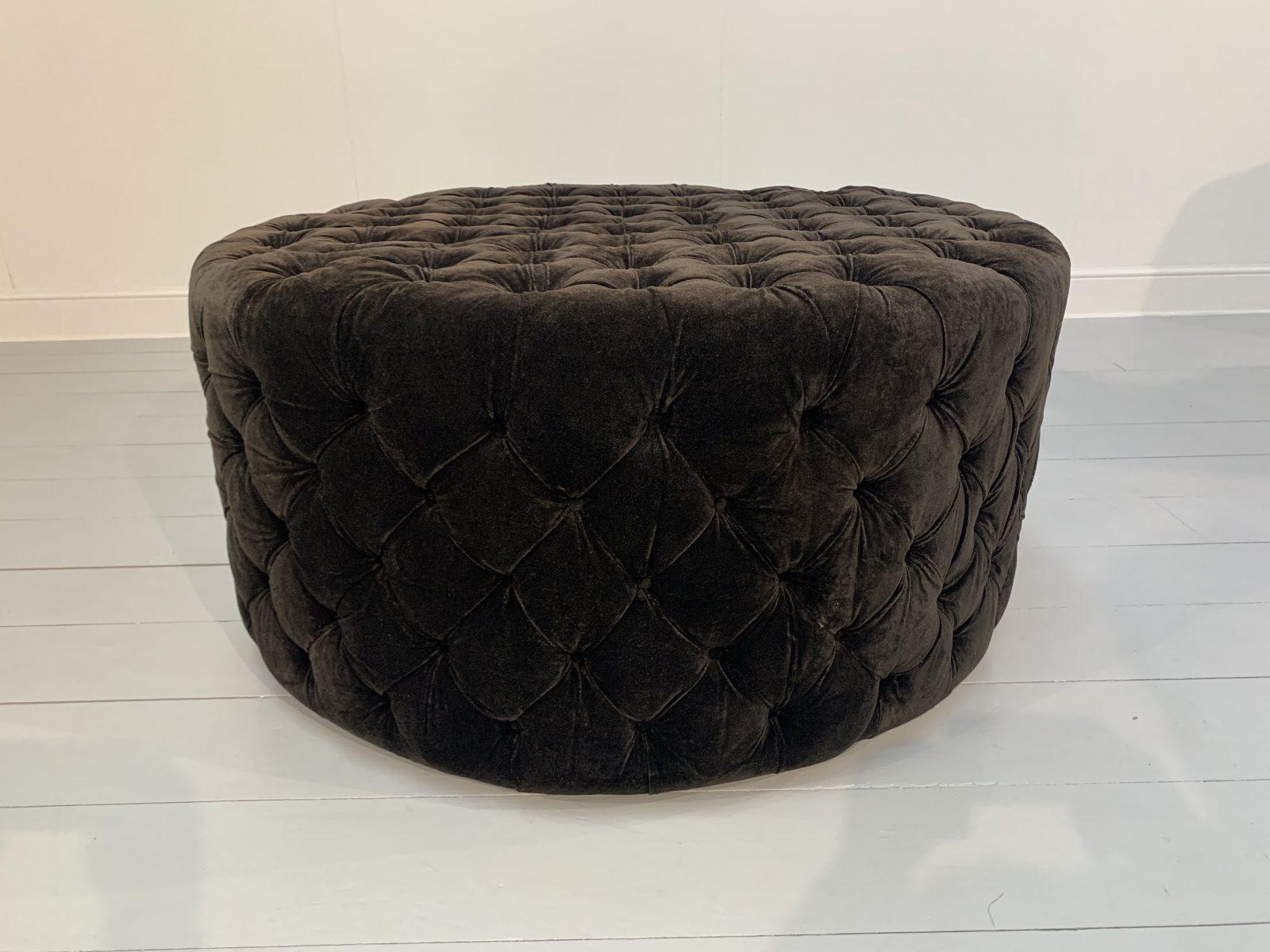 Contemporary Huge “Soho Buttoned-Drum” Ottoman Footstool in Dark Grey Italian Velvet For Sale