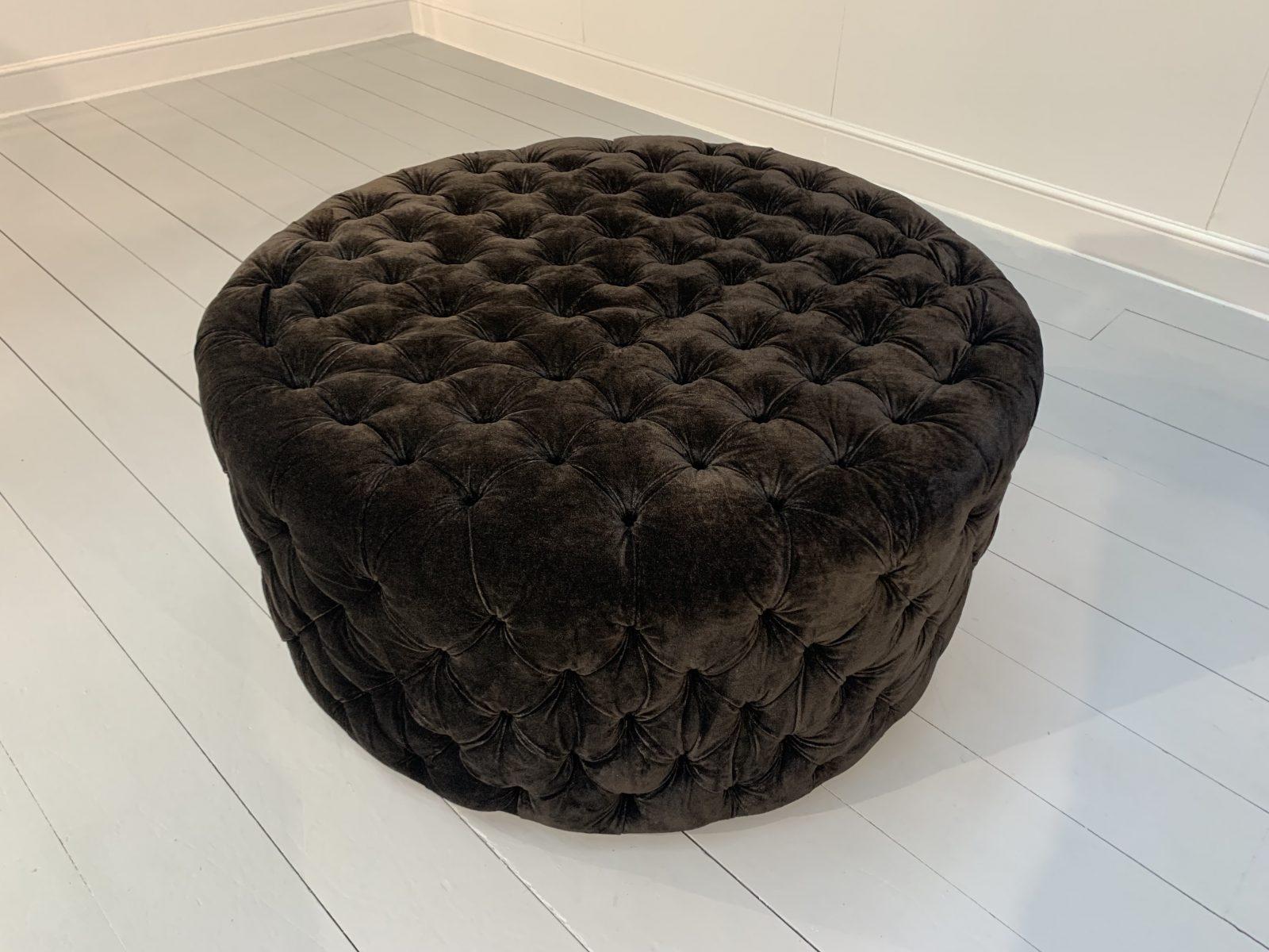 Huge “Soho Buttoned-Drum” Ottoman Footstool in Dark Grey Italian Velvet In Good Condition For Sale In Barrowford, GB