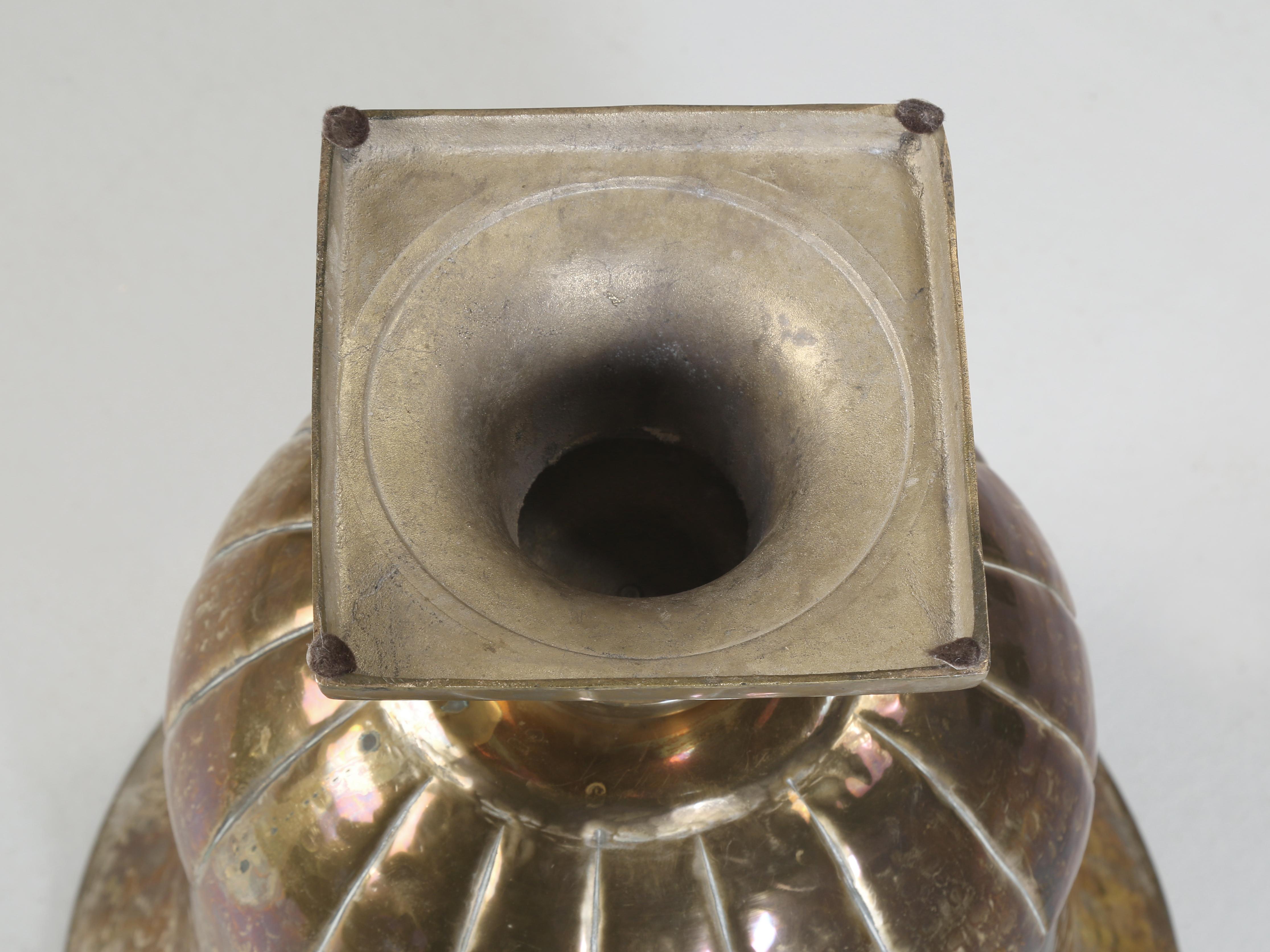 Huge Solid Brass Vase or Brass Urn Hand-Hammered Finish with Cast Brass Base  7