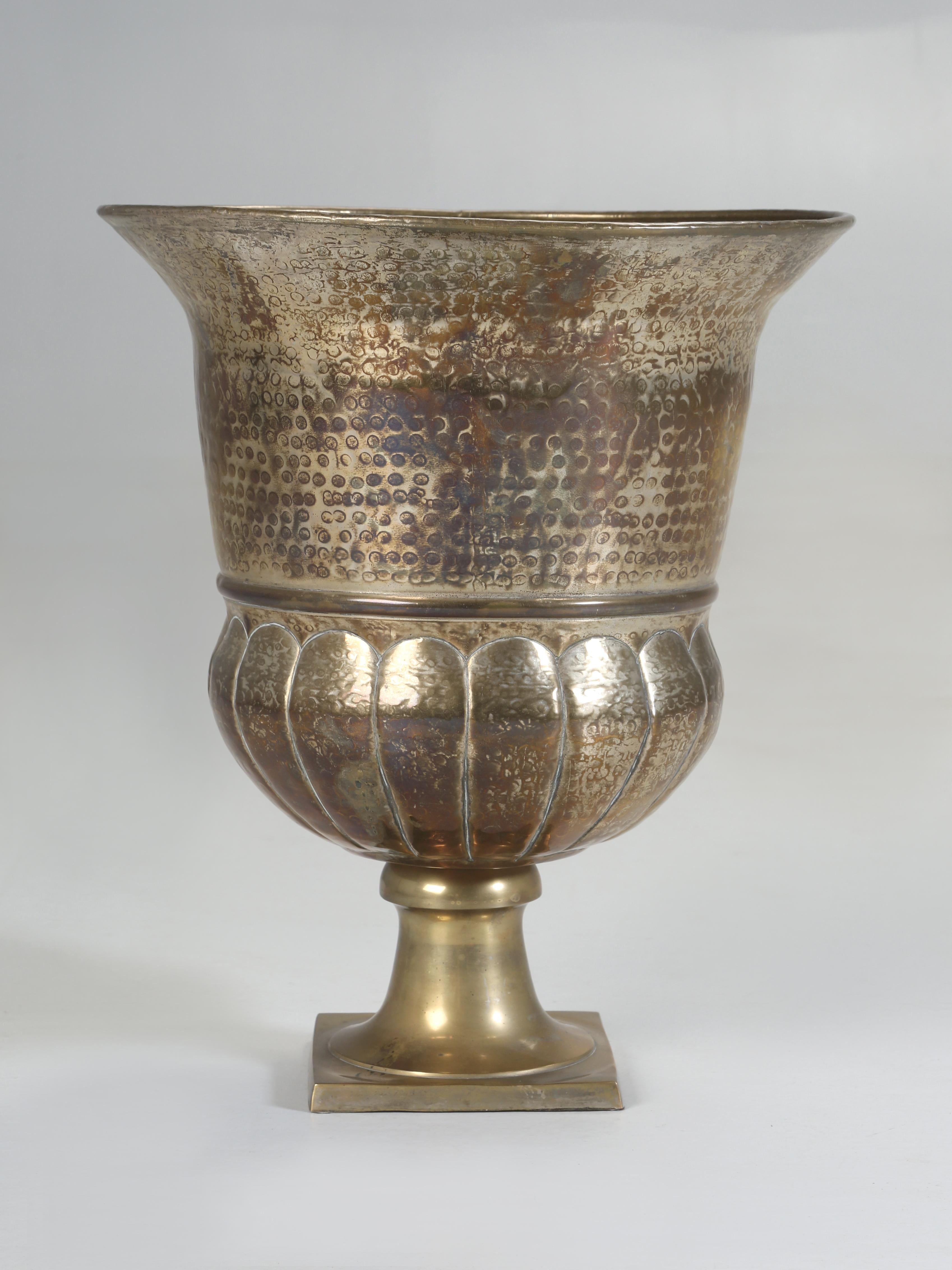 Huge Solid Brass Vase or Brass Urn Hand-Hammered Finish with Cast Brass Base  In Good Condition In Chicago, IL