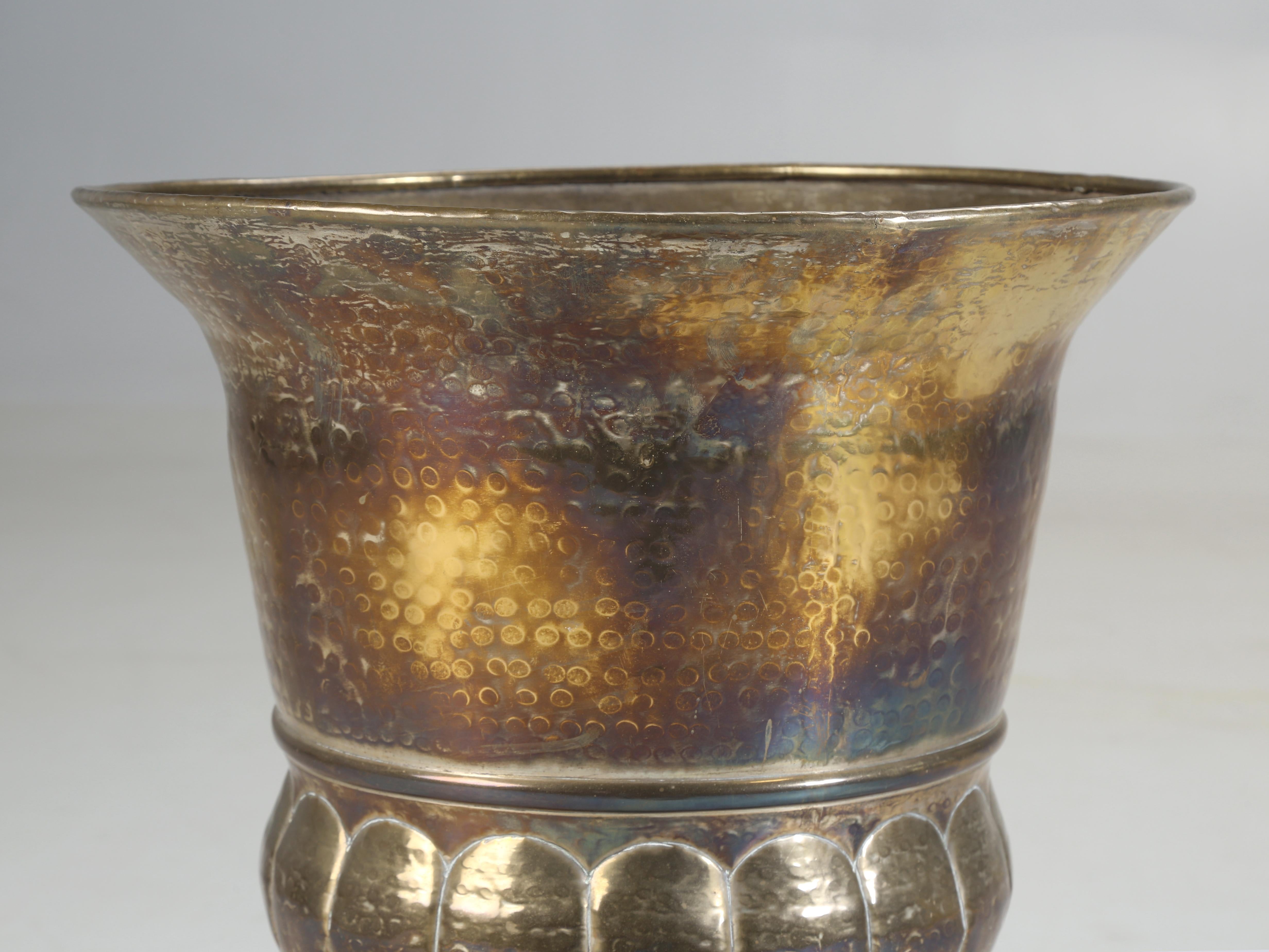 Huge Solid Brass Vase or Brass Urn Hand-Hammered Finish with Cast Brass Base  1