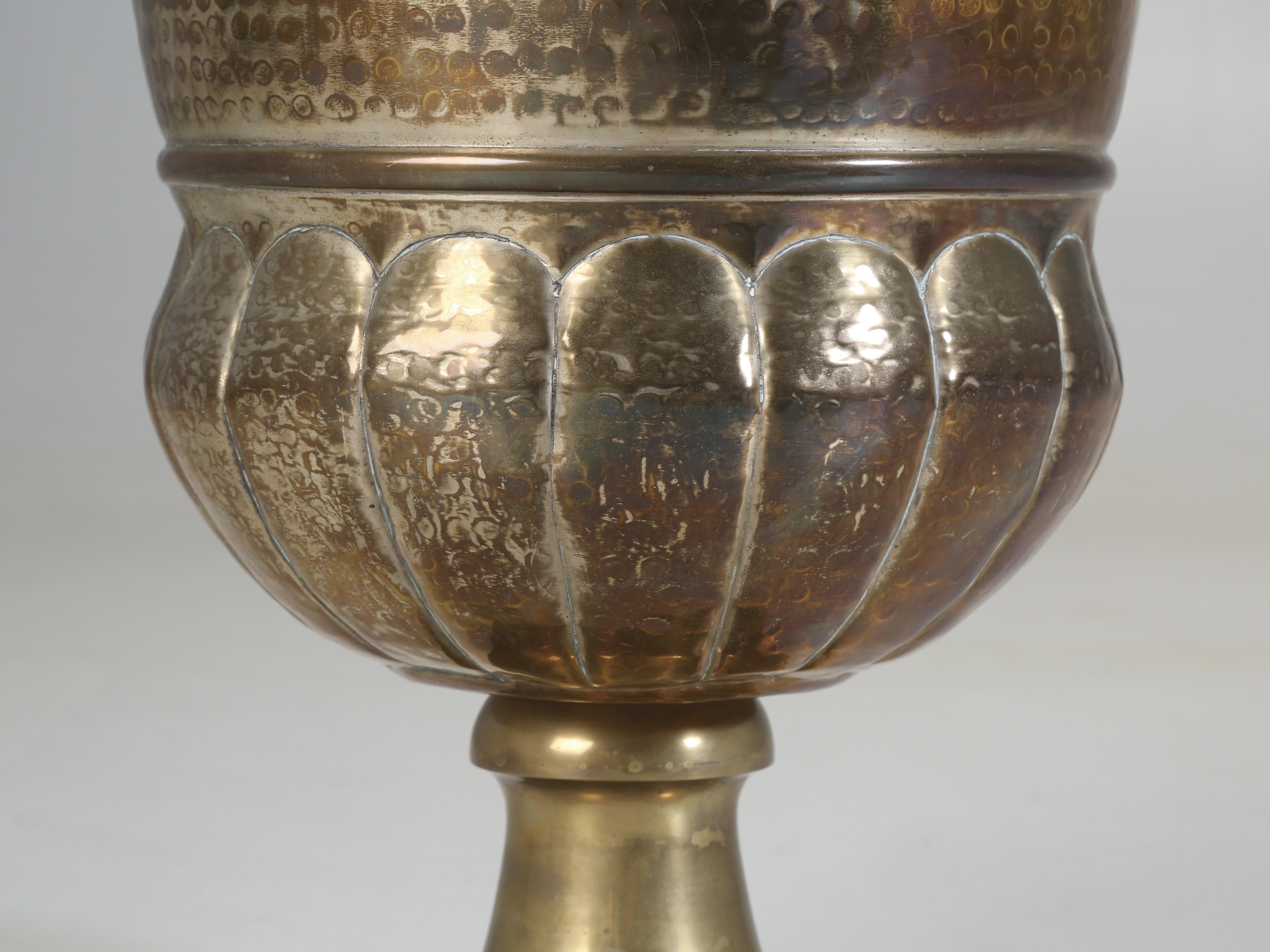 Huge Solid Brass Vase or Brass Urn Hand-Hammered Finish with Cast Brass Base  2