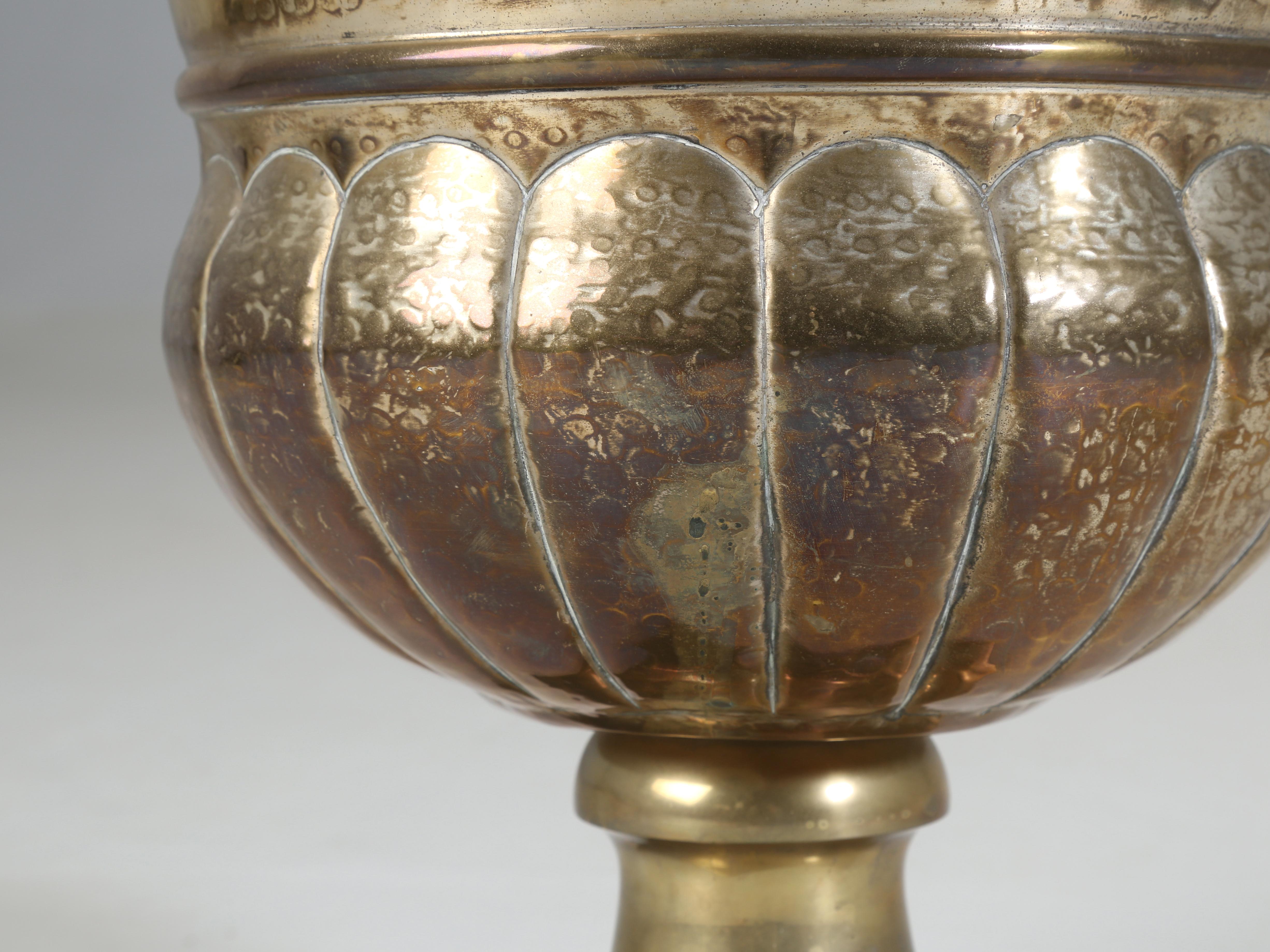 Huge Solid Brass Vase or Brass Urn Hand-Hammered Finish with Cast Brass Base  3