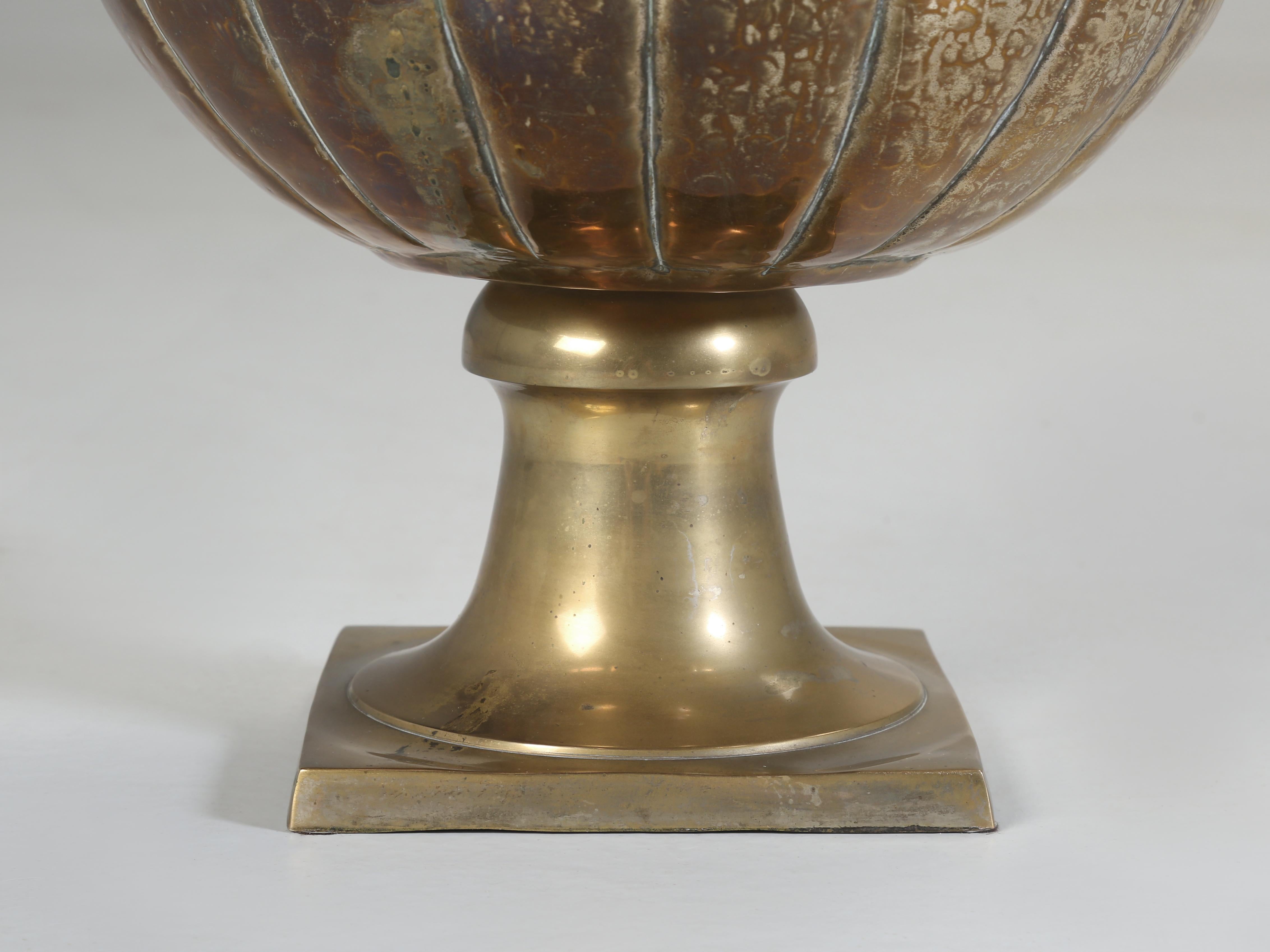 Huge Solid Brass Vase or Brass Urn Hand-Hammered Finish with Cast Brass Base  4