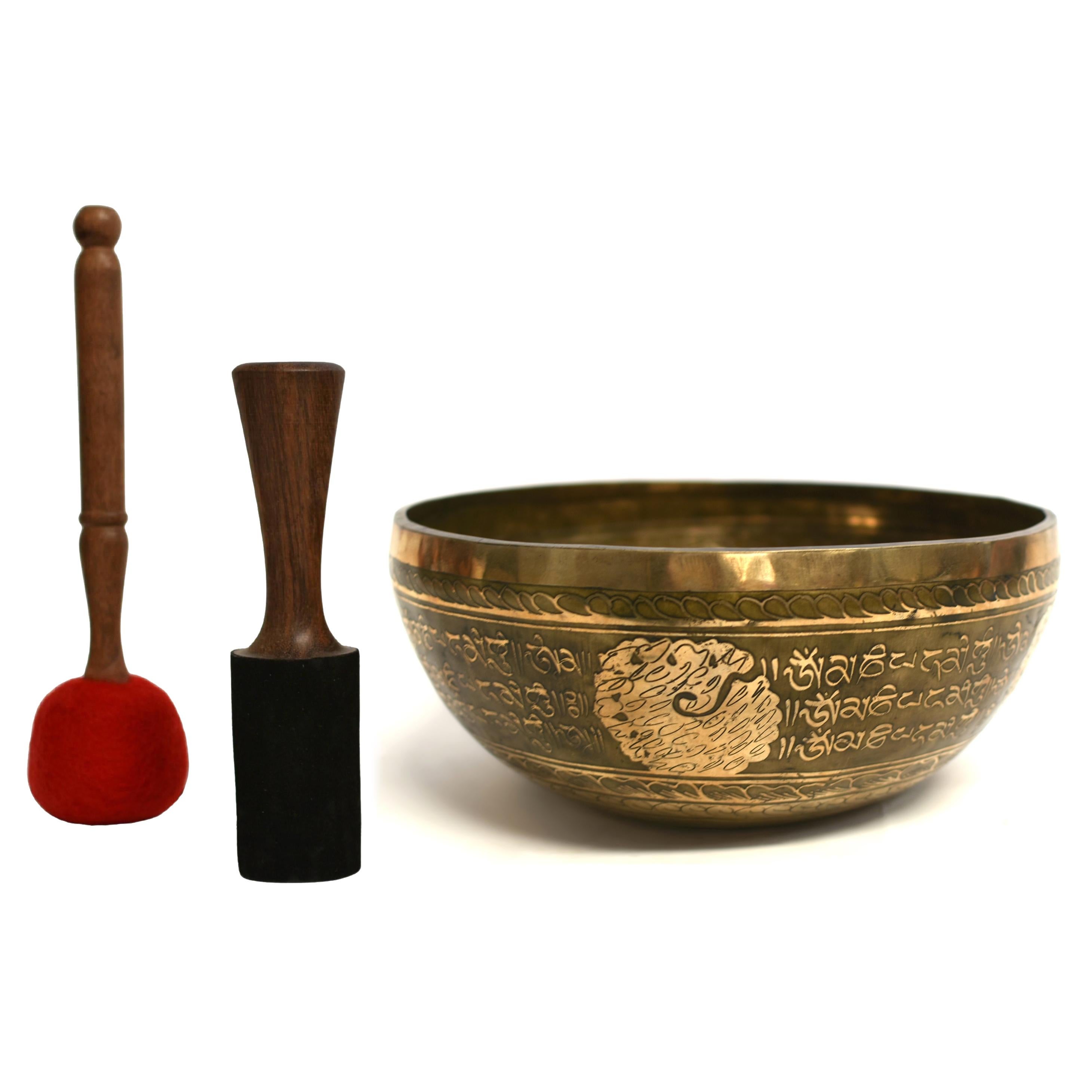 A giant 13-inch singing bowl, weighing over 6 pounds, crafted from solid bronze with intricate inlay works. The interior at its center sits Buddha on a lotus throne in dhyana asana, surrounded by an aura of divine illumination. Behind him, a