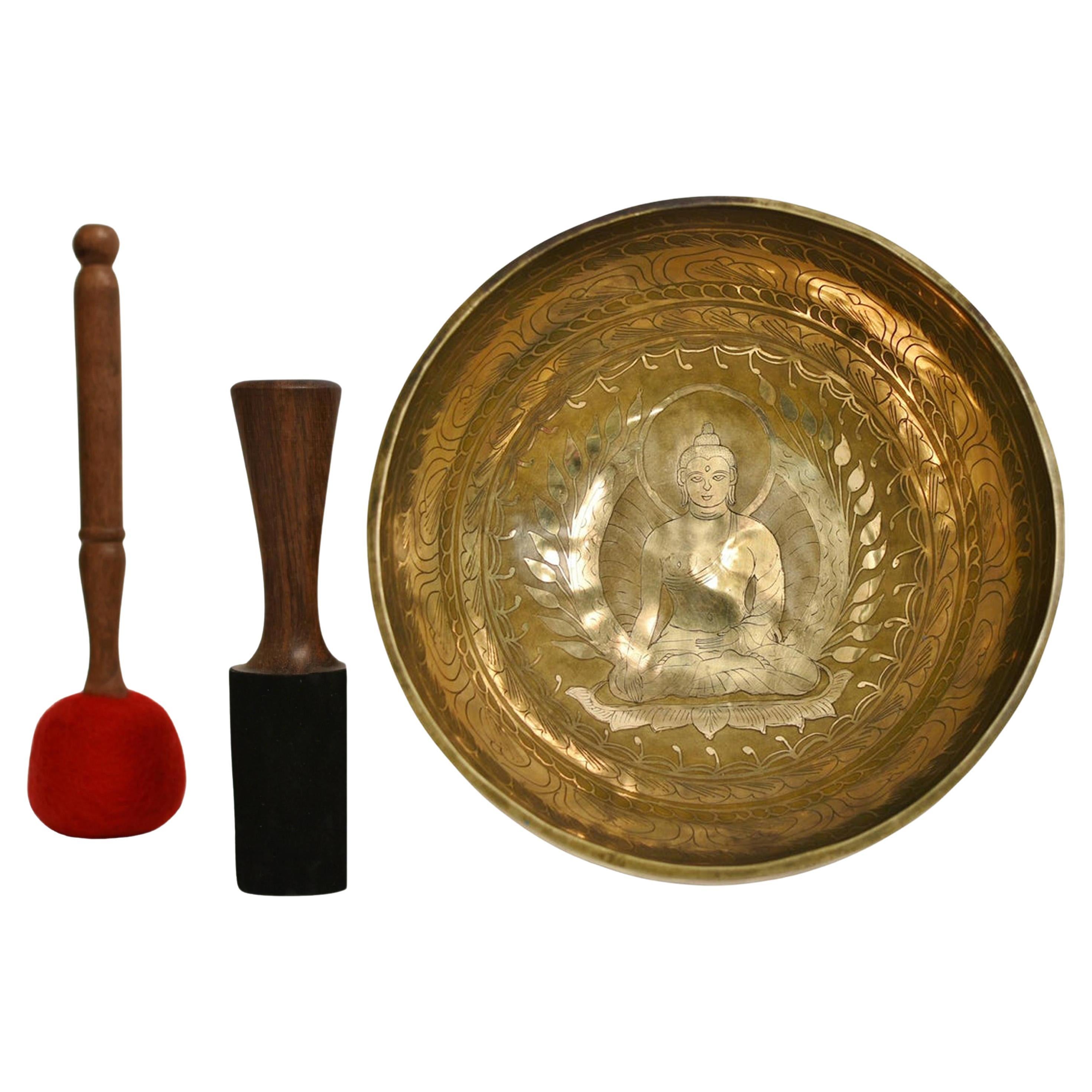 Huge Solid Bronze Singing Bowl with Buddha 13" F2 Tone For Sale