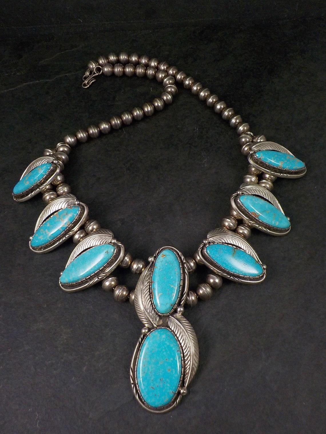 Große türkisfarbene Navajo-Halskette aus Sterlingsilber im Südwesten (Indigene Kunst (Nord-/Südamerika)) im Angebot
