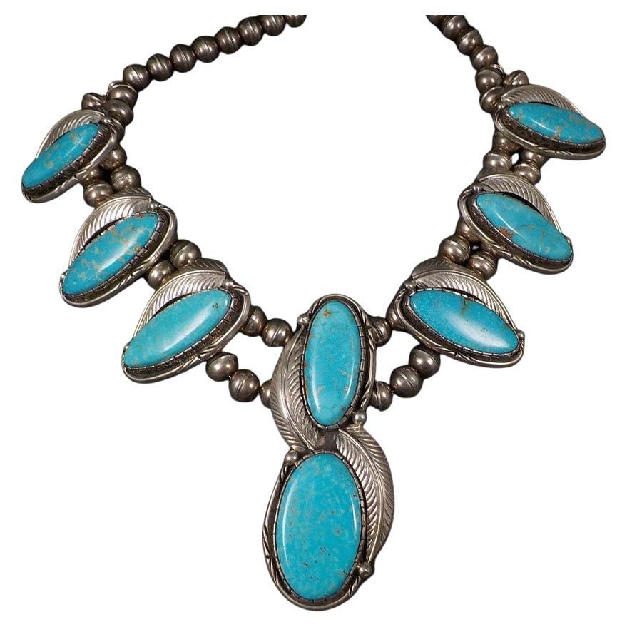 Huge Southwestern Sterling Navajo Turquoise Necklace For Sale