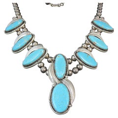 Rare Large Southwestern Sterling Navajo Turquoise Necklace Fred Guerro