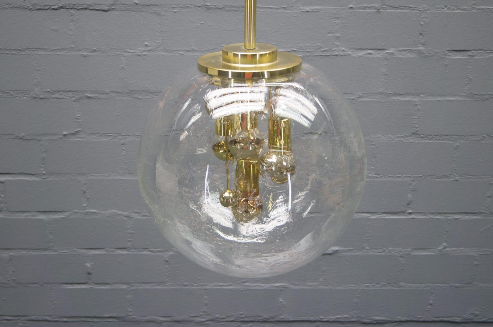 Mid-Century Modern Huge Space Age Brass and Blown Glass Globe Ceiling Lamp, Doria Germany, 1960s