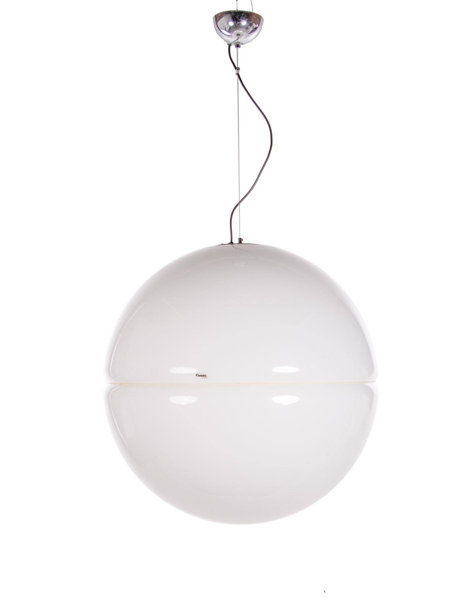 Huge space age pendant light 'Sfera' made of two shells. Designed in the 1970s by Harvey Guzzini and manufactured by iGuzzini, illuminazione S.p.A, in Italy. 
This is the large version with a diameter of 27.55