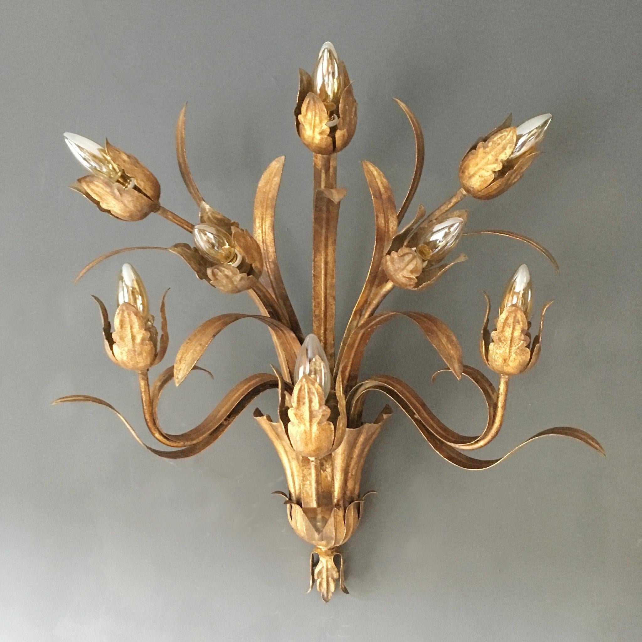 Iron Huge Spanish Flower Buds Wall Sconce, 1950s