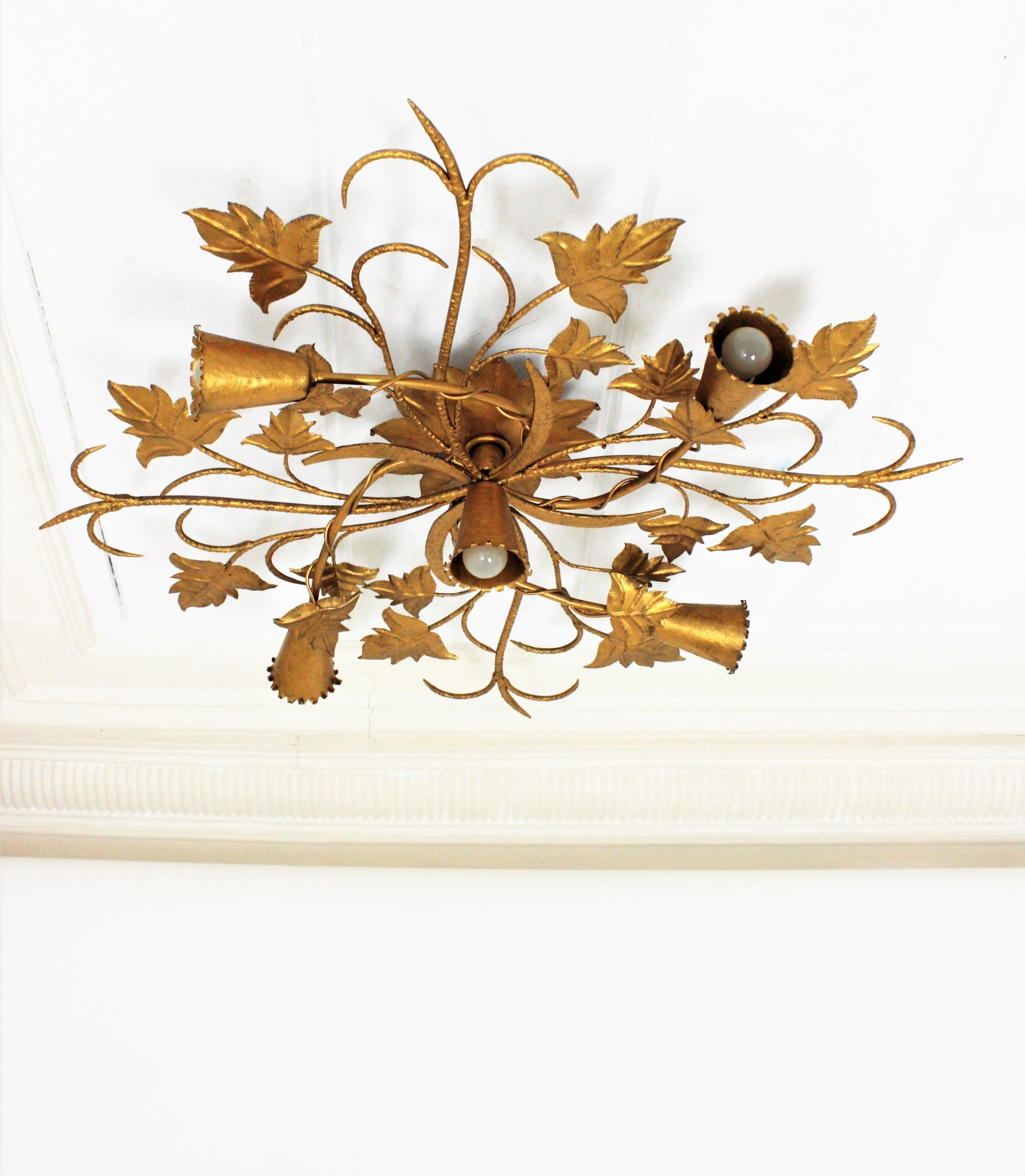Huge Spanish Foliage Floral Chandelier Flush Mount in Gilt Wrought Iron 7