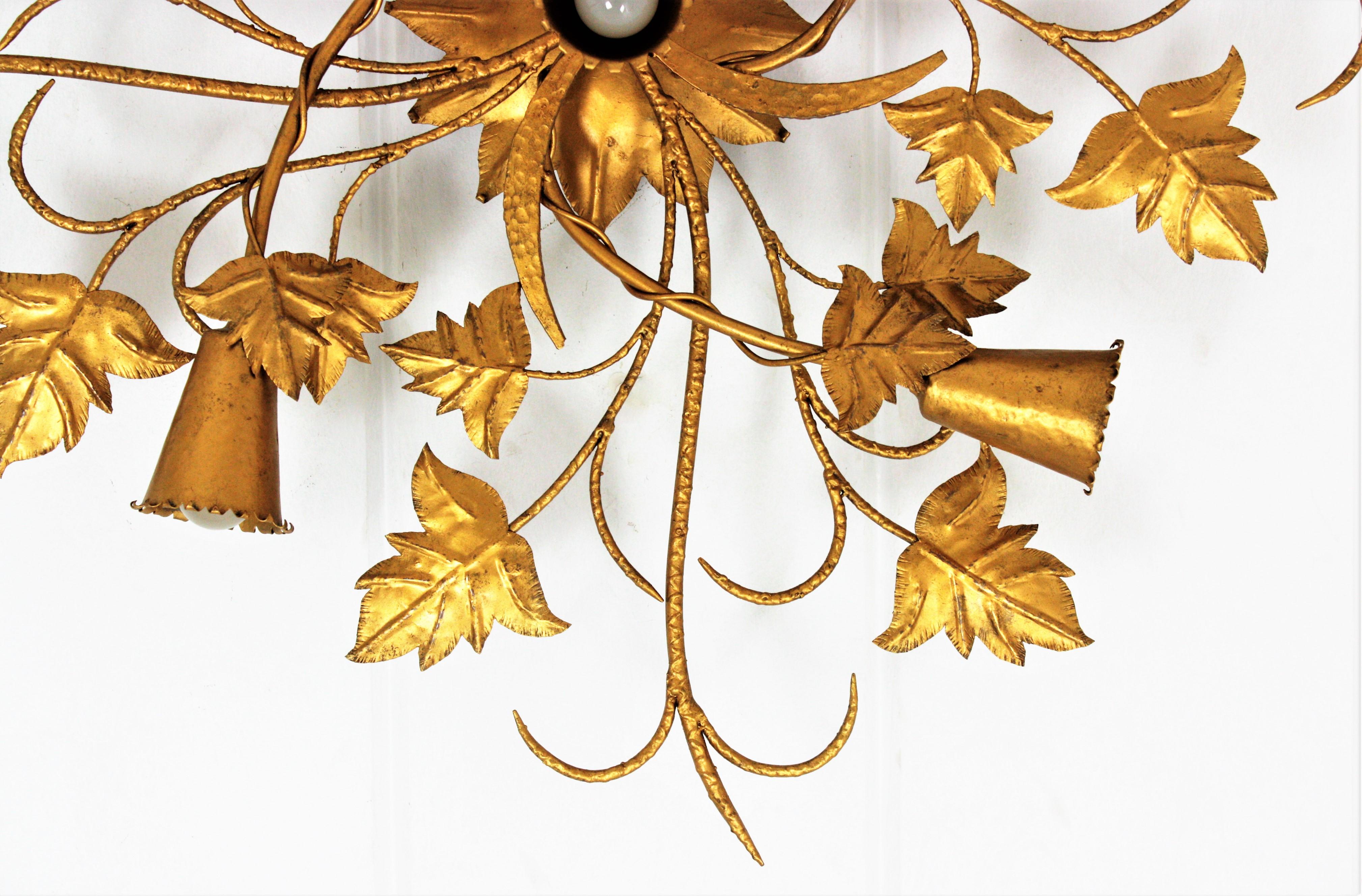 Huge Spanish Foliage Floral Chandelier Flush Mount in Gilt Wrought Iron 8