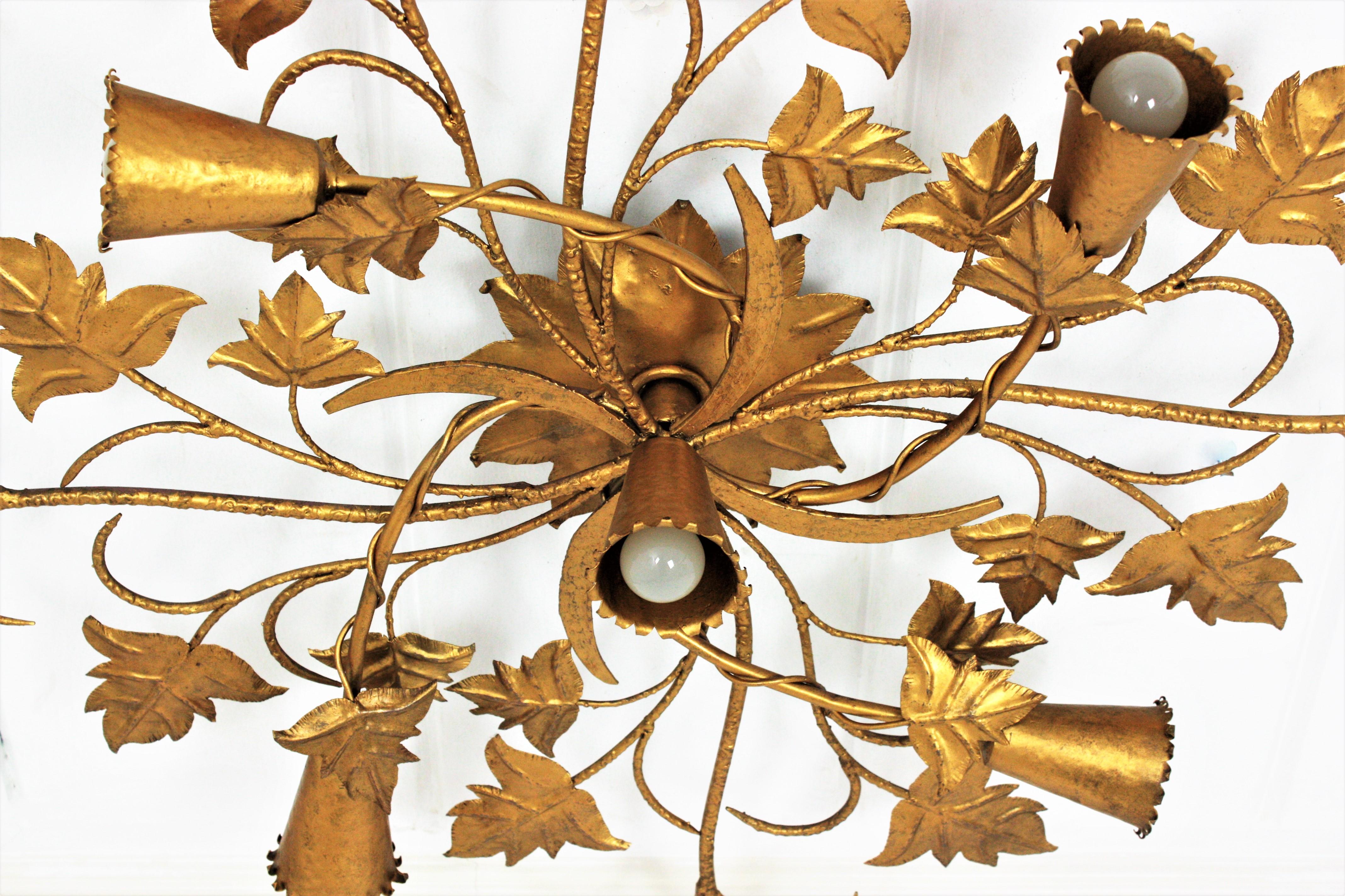 Huge Spanish Foliage Floral Chandelier Flush Mount in Gilt Wrought Iron 9