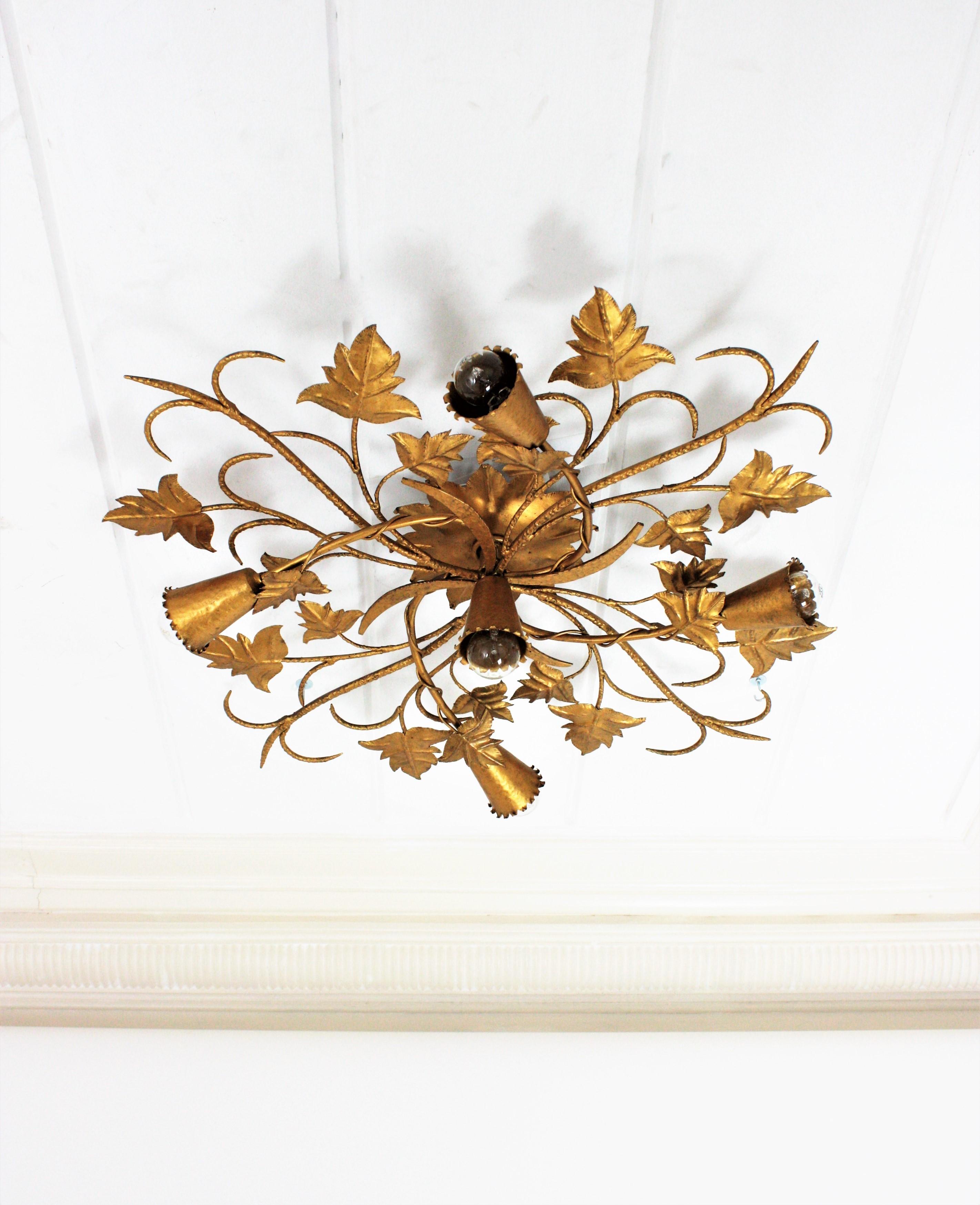 Huge Spanish Foliage Floral Chandelier Flush Mount in Gilt Wrought Iron 10