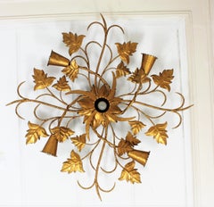 Huge Spanish Foliage Floral Chandelier Flush Mount in Gilt Wrought Iron