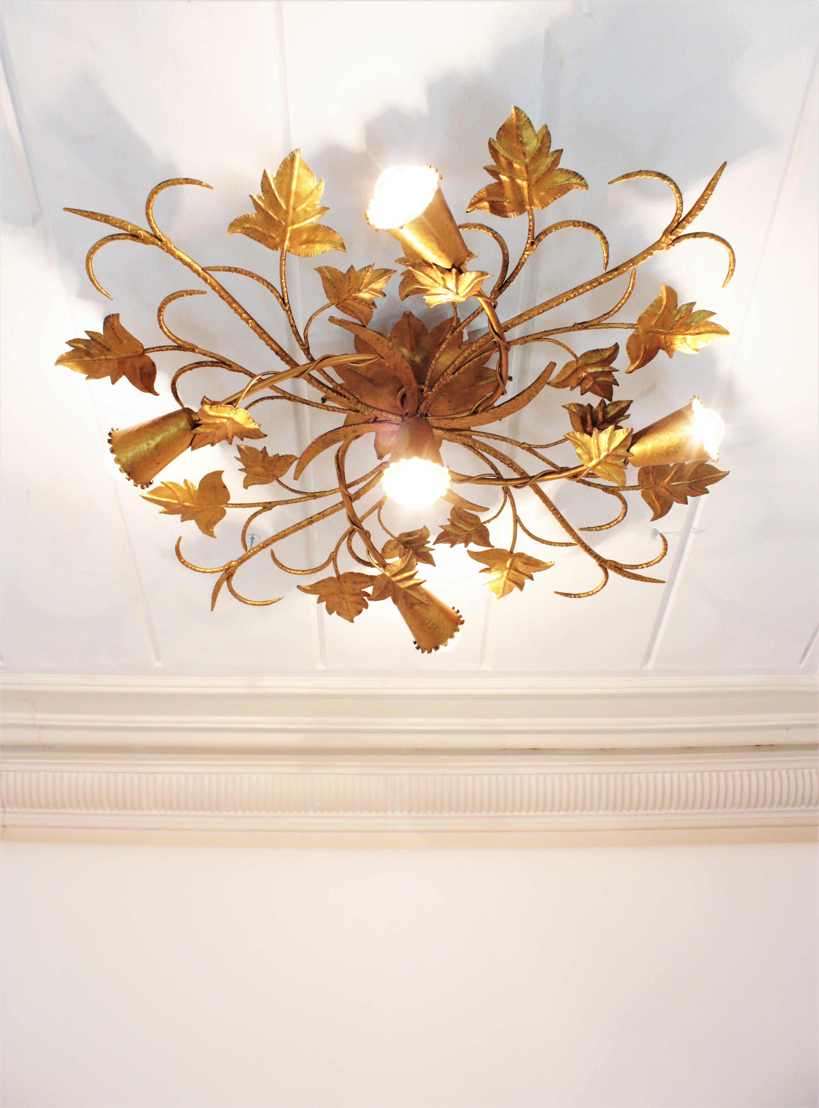Huge Spanish Foliage Floral Chandelier Flush Mount in Gilt Wrought Iron In Good Condition In Barcelona, ES